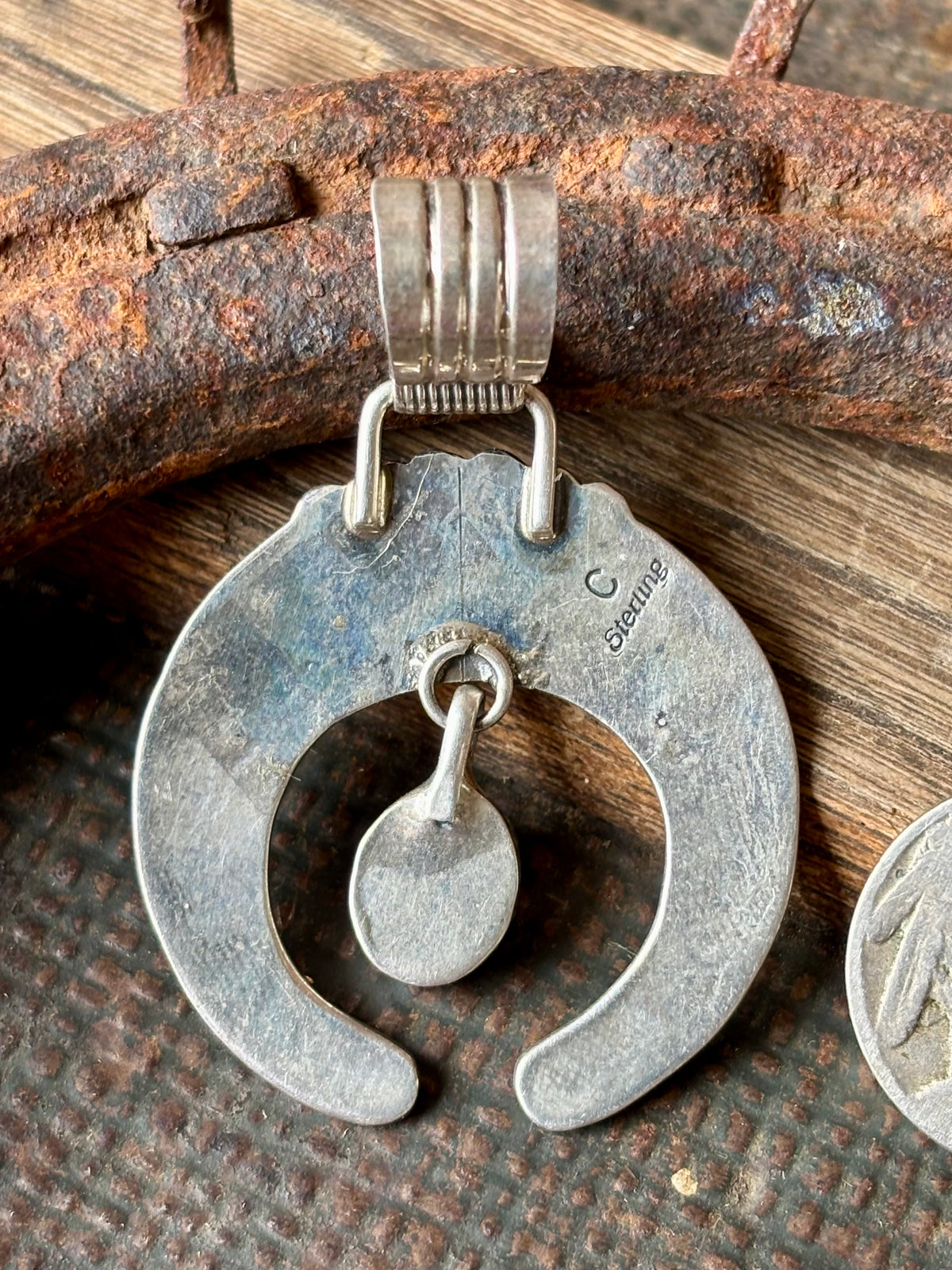 Vintage Sterling Silver Overlay Design with Green Royston Turquoise Naja Pendant - Navajo Handmade by Cester Charlie