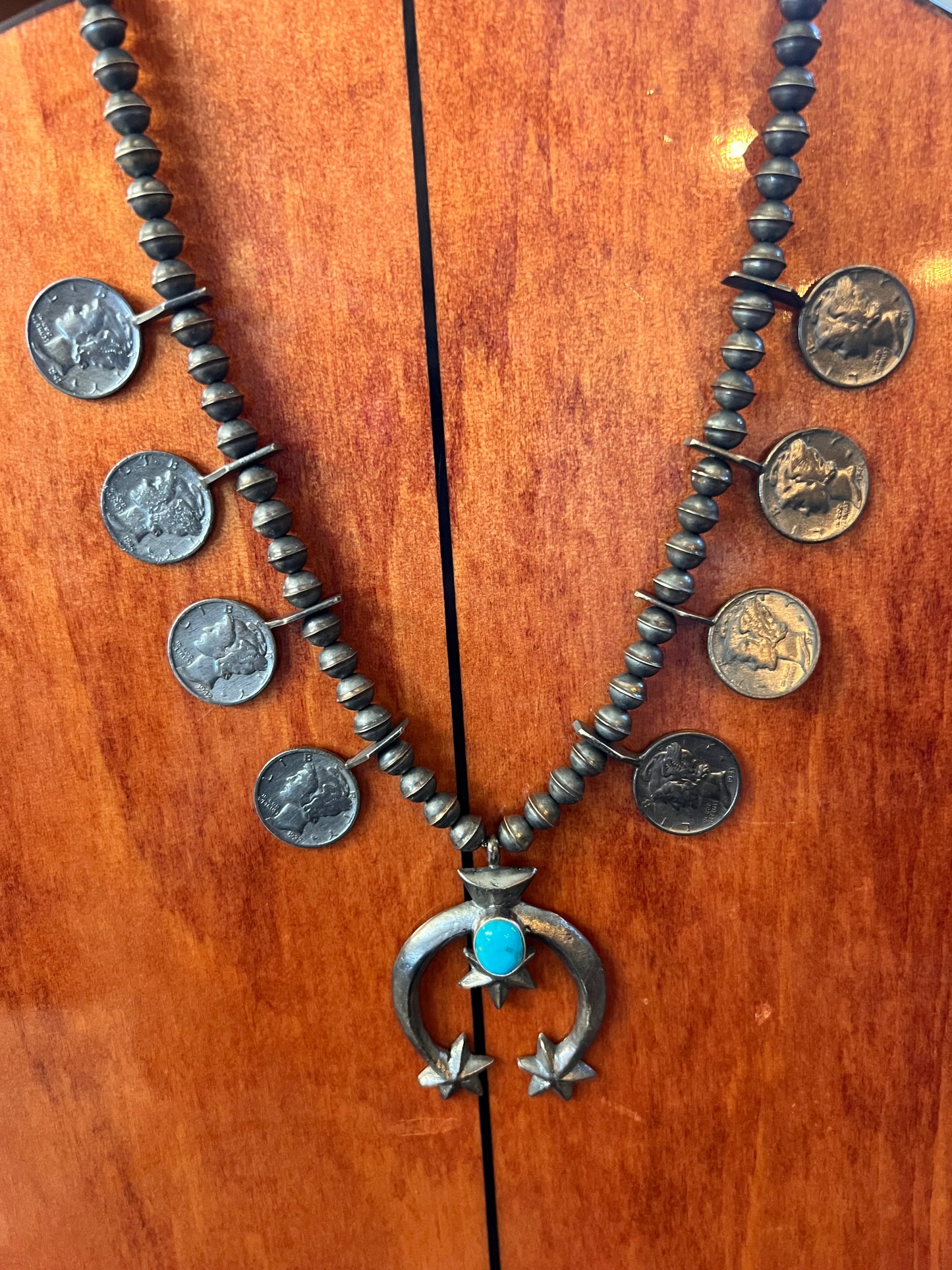 Navajo Handmade by Mekechto Jim. Mercury Dime Squash Necklace Cast Naja with Kingman Turquoise and Earrings Set