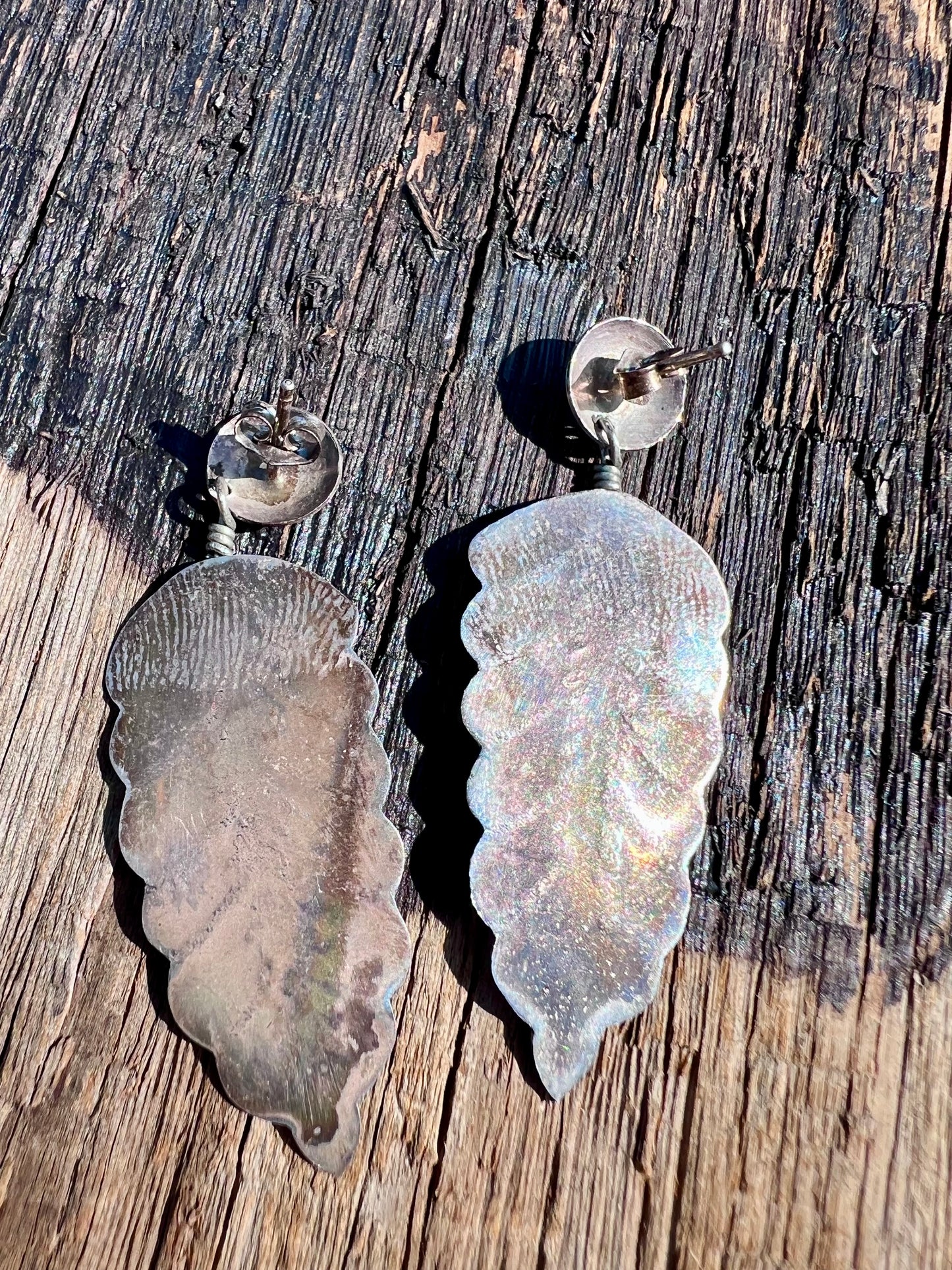 Vintage Native American Handmade Sterling Feather Dangle Post Earrings 2”