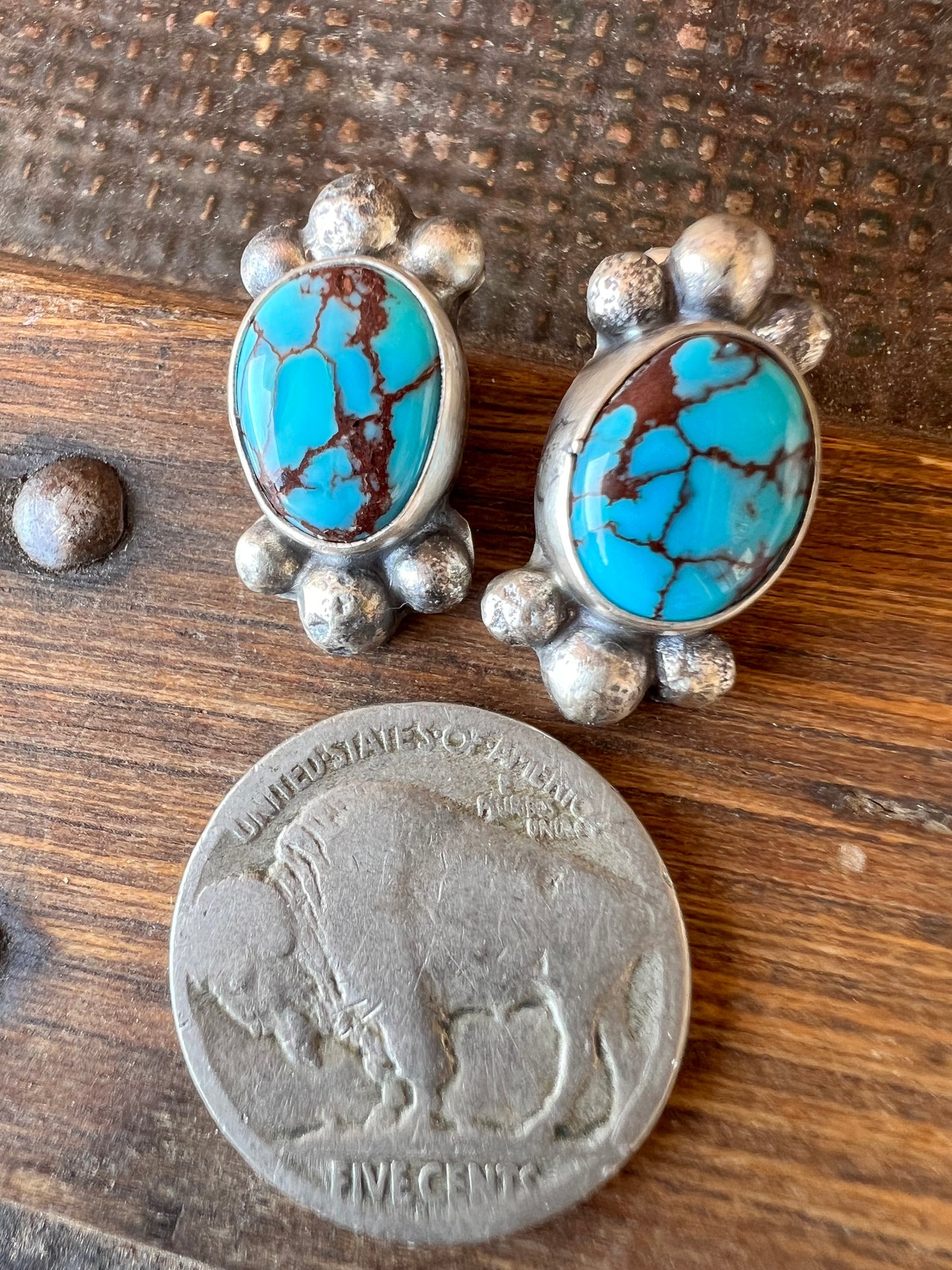 Handmade Prince Egyptian Turquoise & Sterling Post Earrings .8” x .42”
