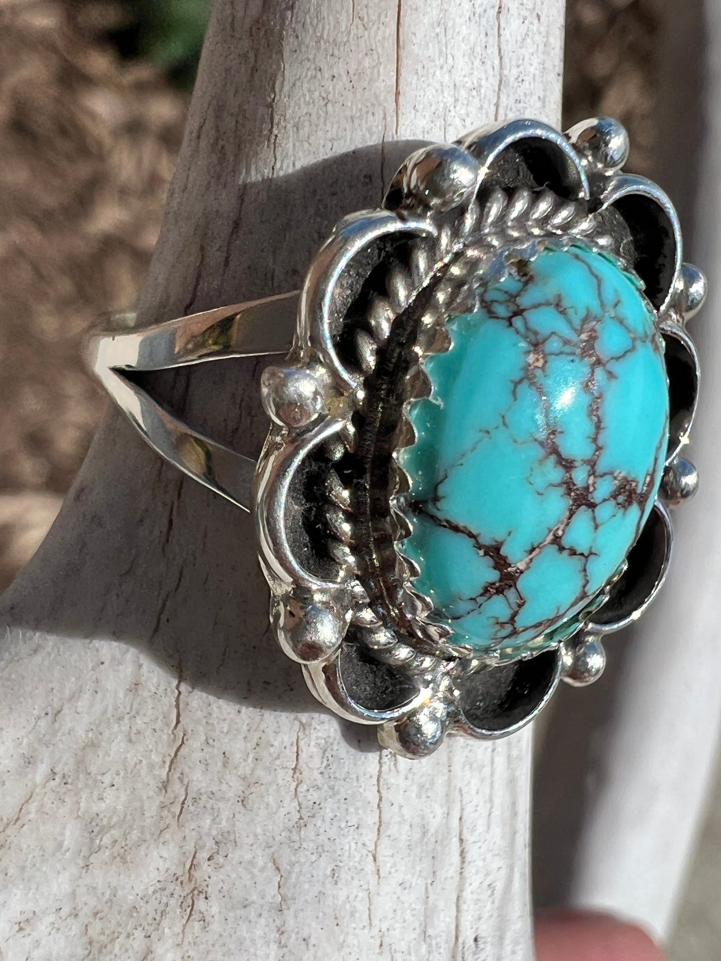 Prince Turquoise & Sterling Silver Ring- Navajo Handmade & signed “M” Size 7