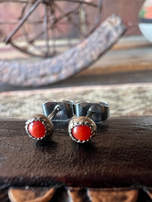 Dainty Vintage Native Handmade Sterling & Coral 4mm Post Earrings