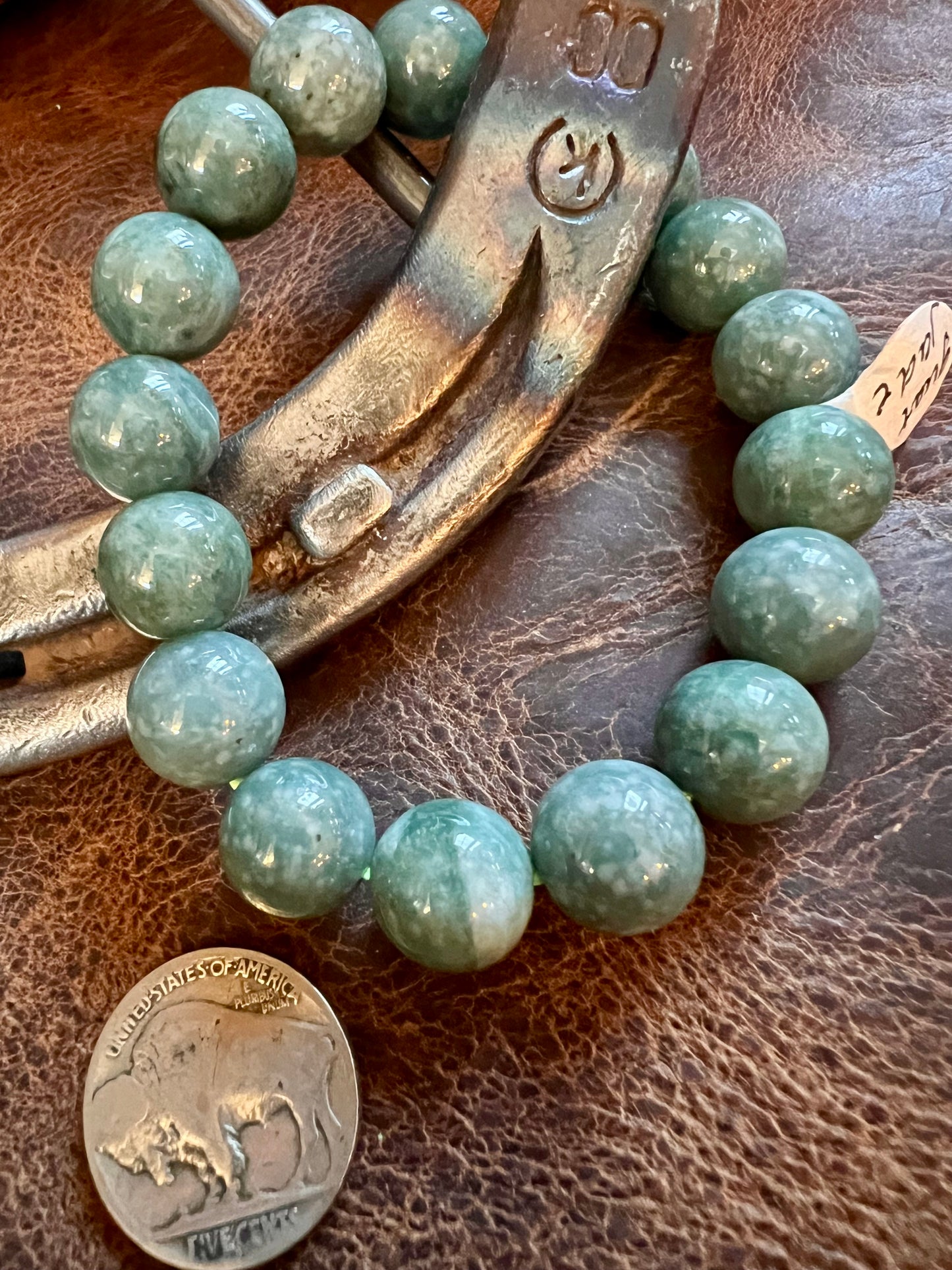 Green Jade Round Bead Stretch Bracelet Sz 7” 12mm