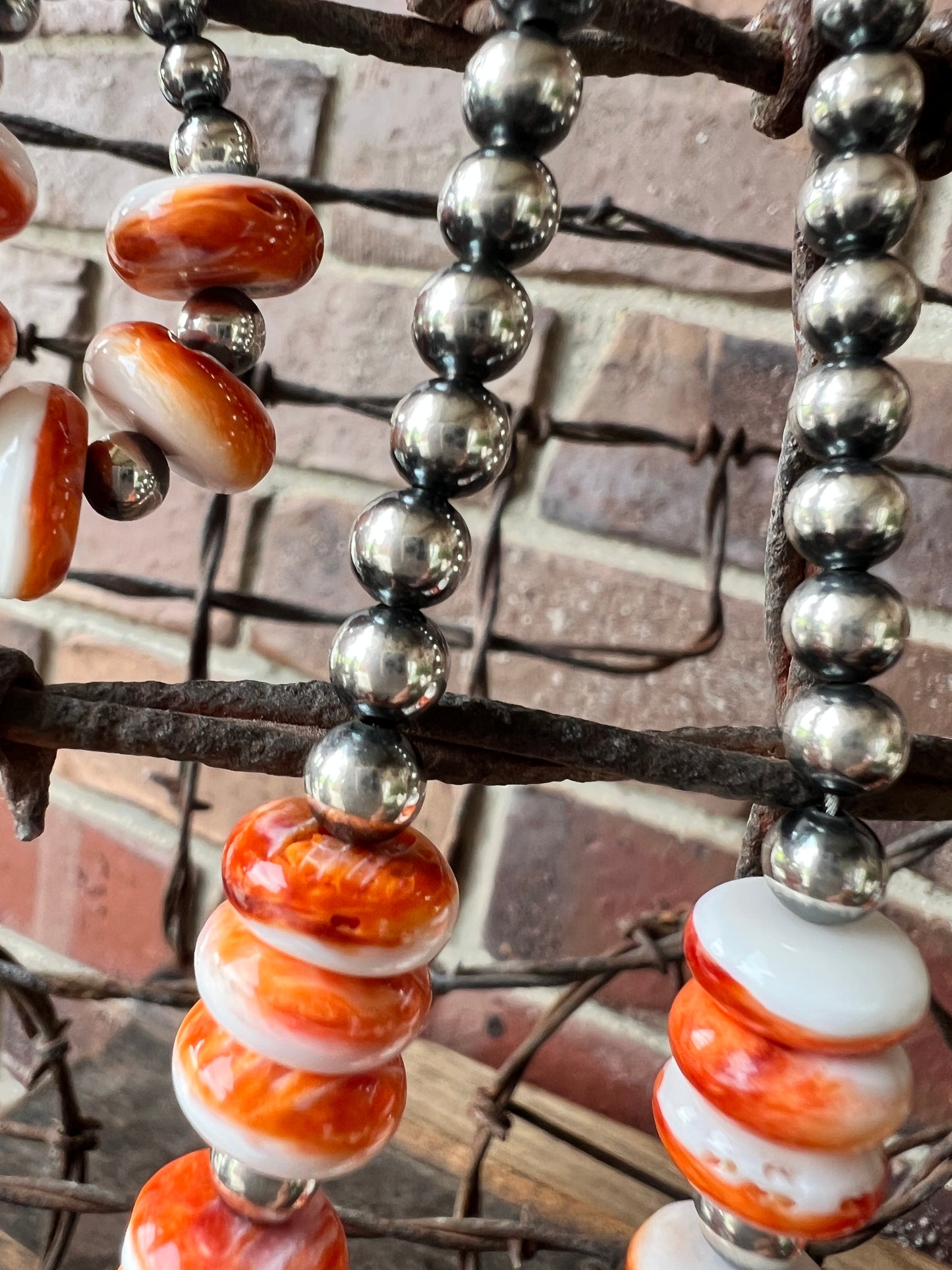 Orange Spiny Oyster & Sterling Bead Necklace 16.5”, Earrings & Bracelet Set