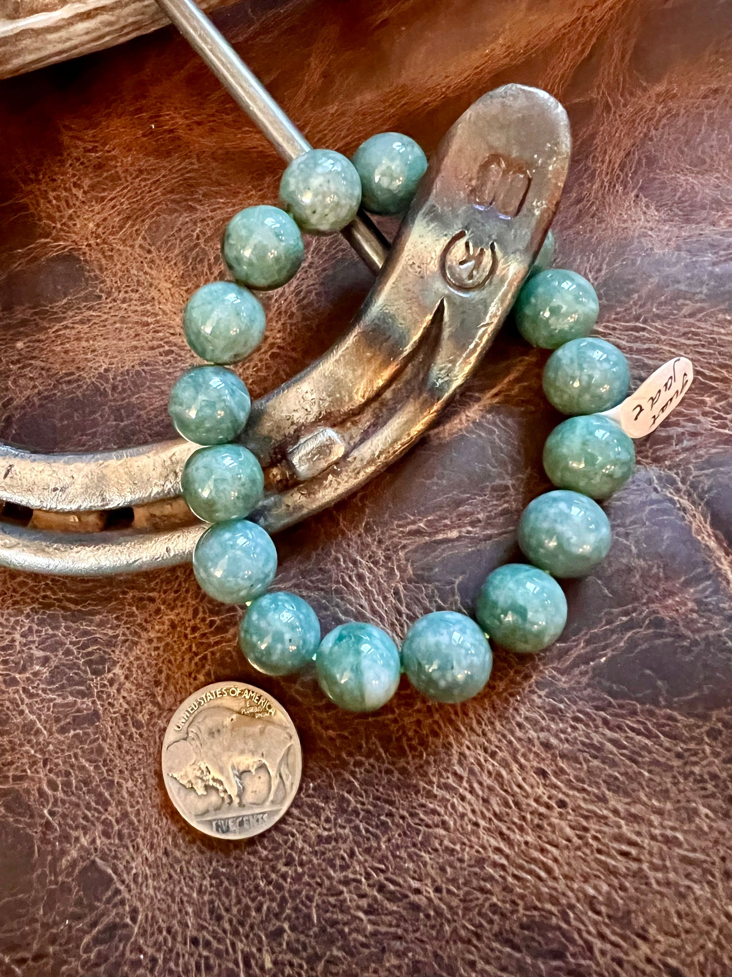 Green Jade Round Bead Stretch Bracelet Sz 7” 12mm