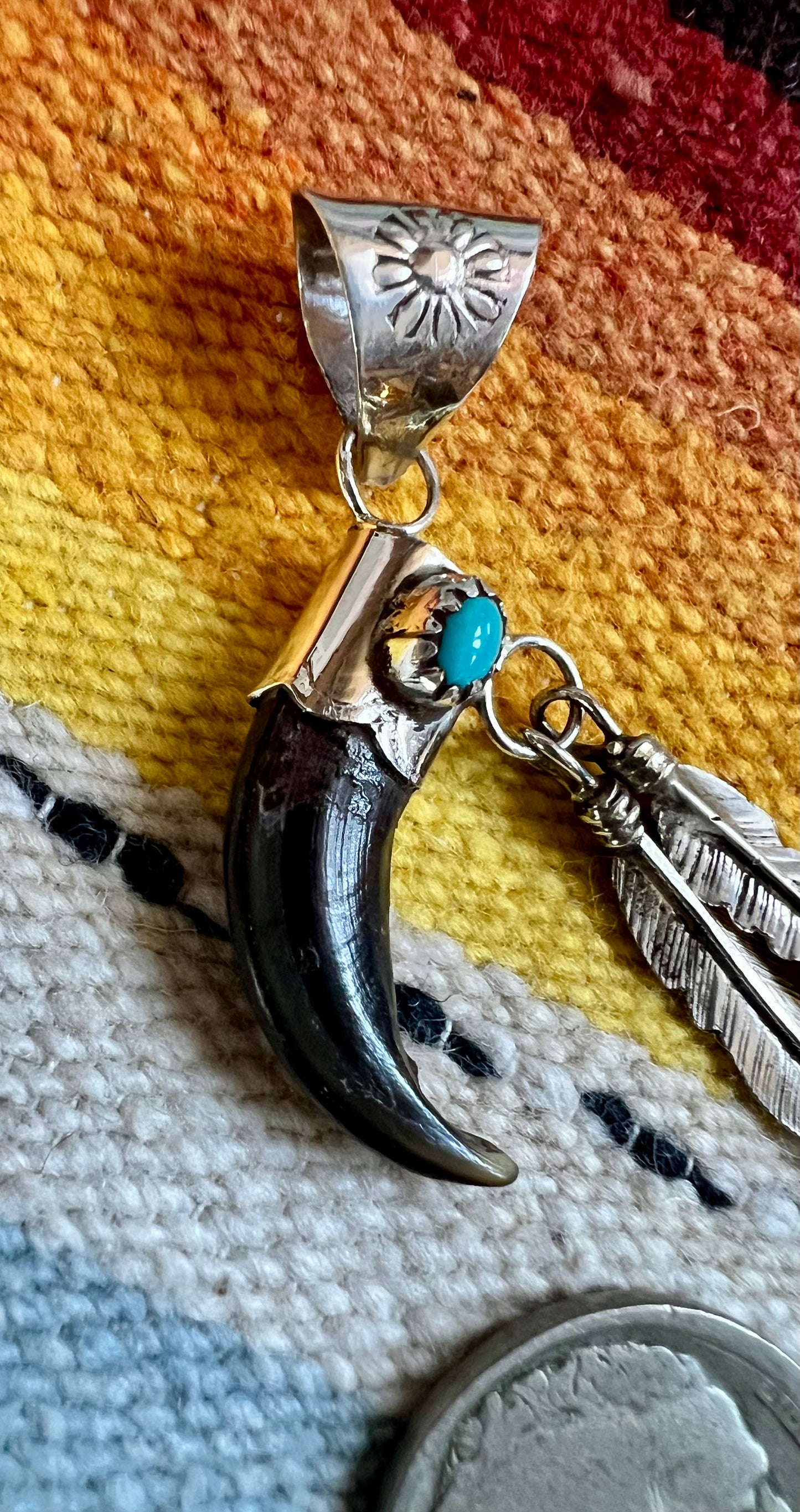 Navajo Handmade by Ernest Hawthorne Sterling Silver, Turquoise & Badger Claw w/Feathers Pendant 2”