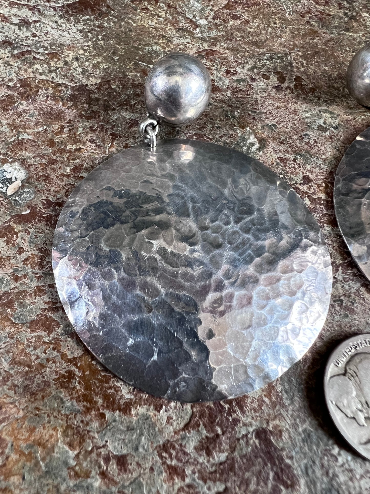 Vintage Mexico Sterling Silver Hammered Dangle Post Earrings 3” Length