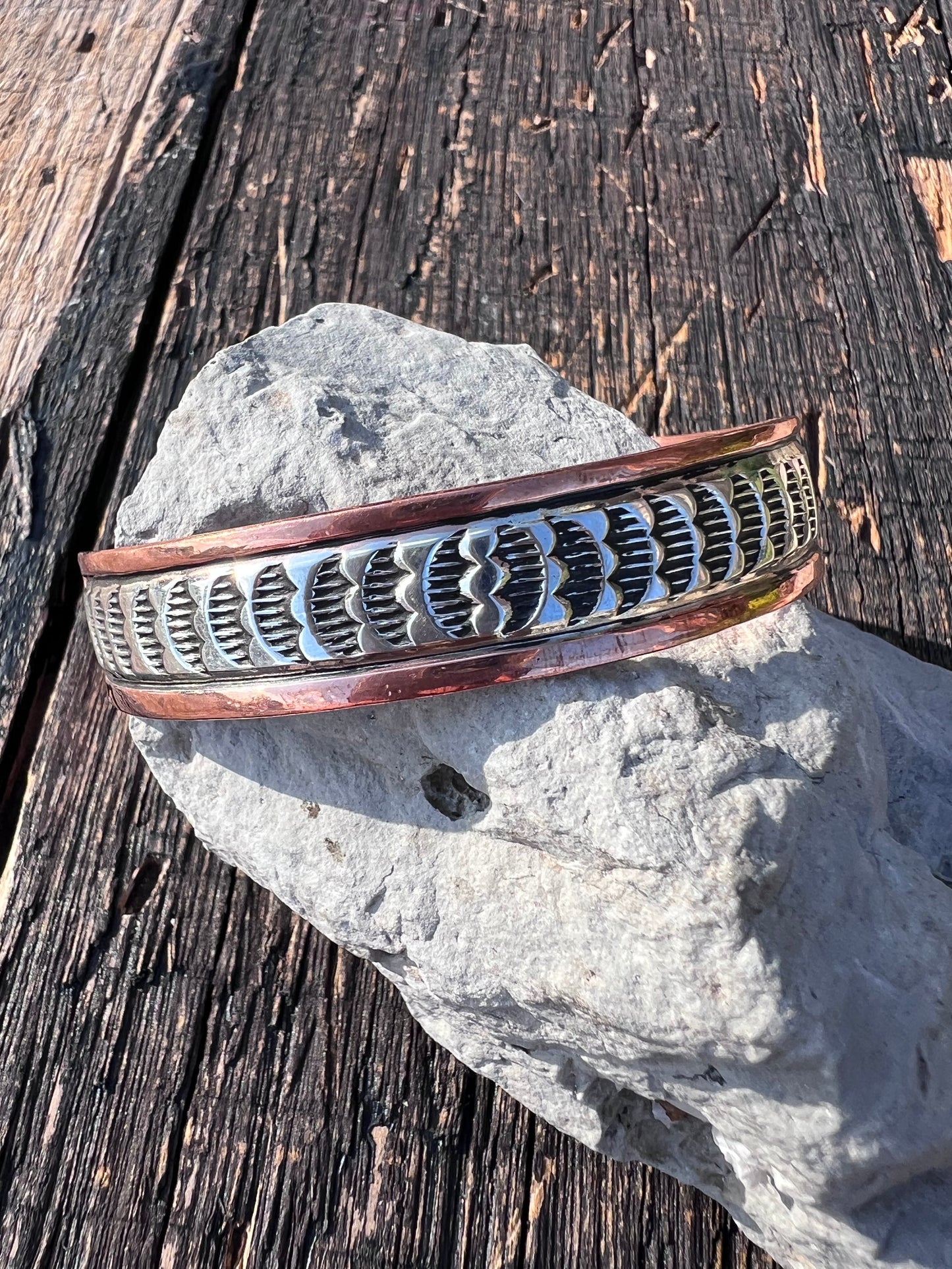 Navajo Handmade by L.C. Littl- Copper & Sterling Stamped Copper Cuff Bracelet Sz 7.25” 1/2 wide