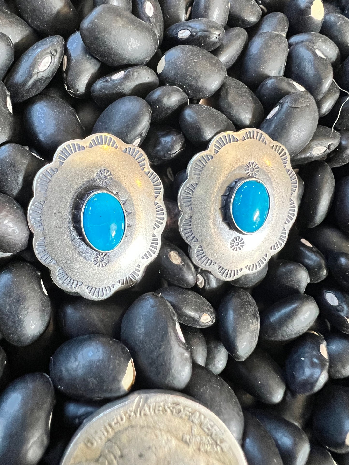 Kingman Turquoise & Sterling Silver Scalloped Oval Concho Post Earrings 7/8” x 3/4”