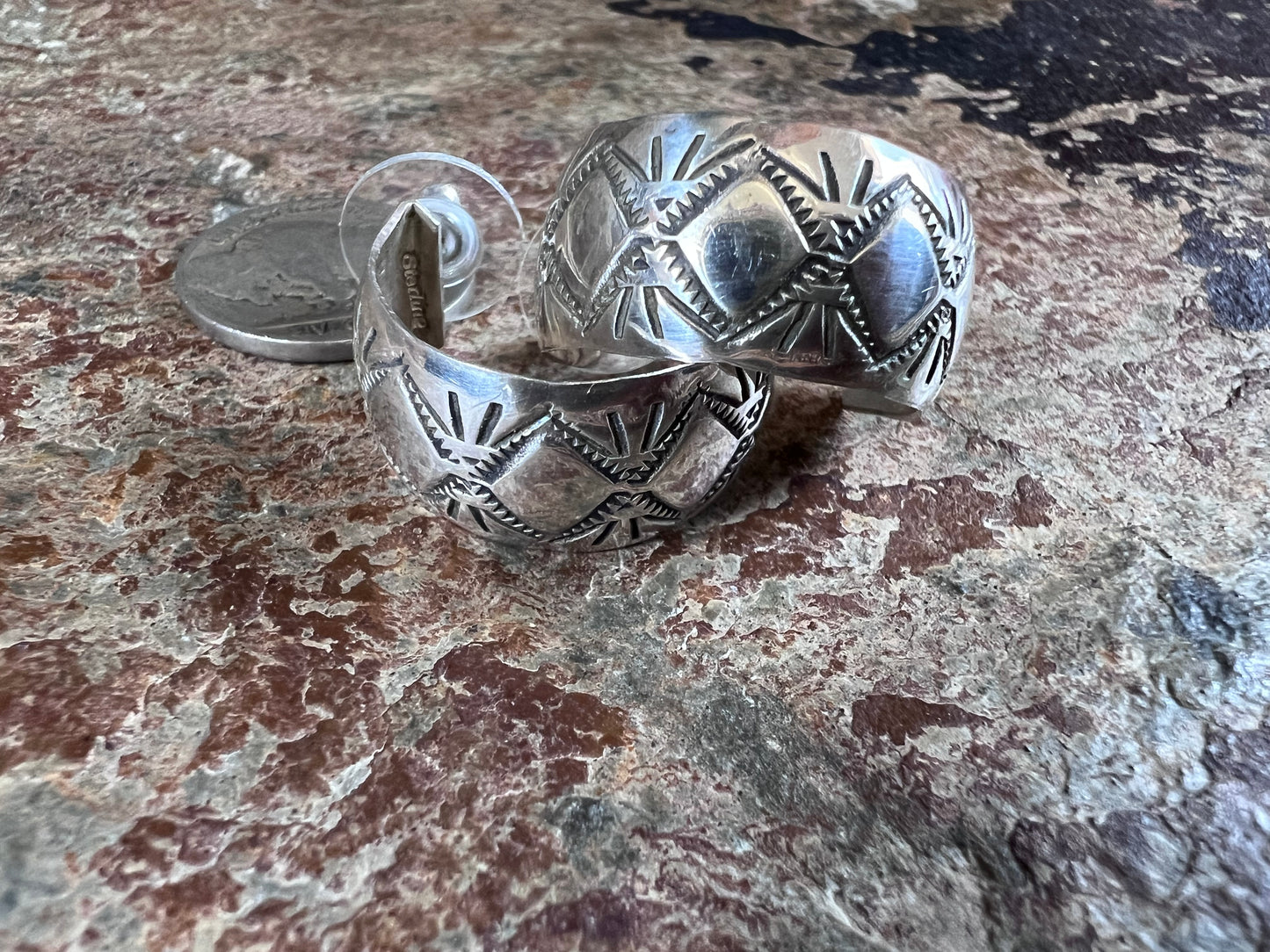 Native American Handmade by Nova Ashley- Sterling Southwest Pattern Stamped Post Hoops 1” x 1/2”