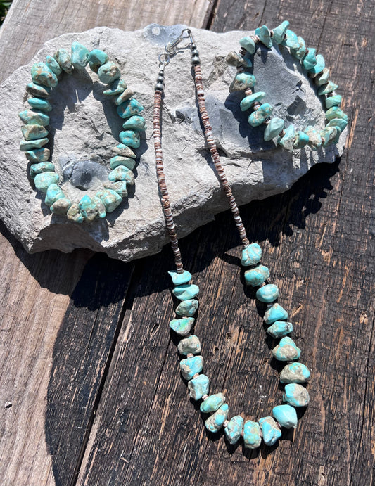 Handmade Chunky Campitos Turquoise, Olive Shell Heishi w/ Sterling Beads & Clasp Necklace & Bracelets Set