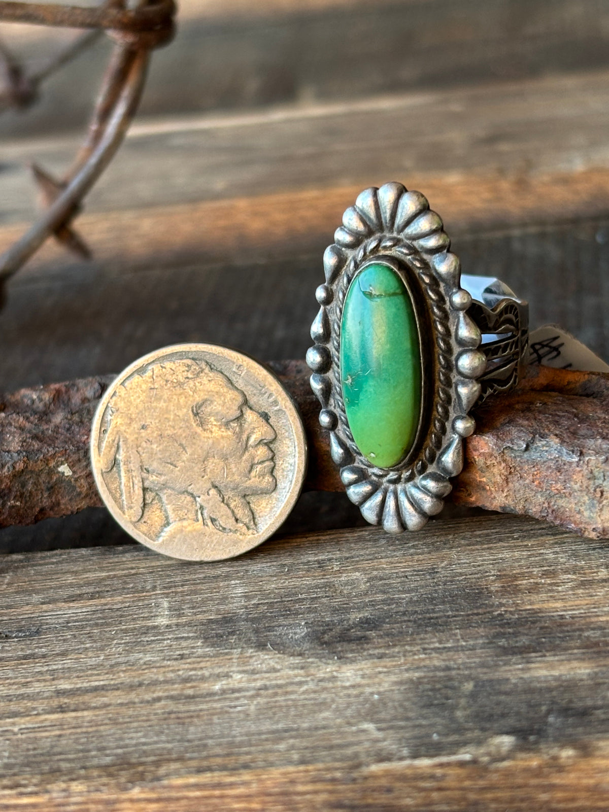 Vintage Fred Harvey Eara Sterling Silver & Royston Turquoise Ring Size 6-9 Adj.