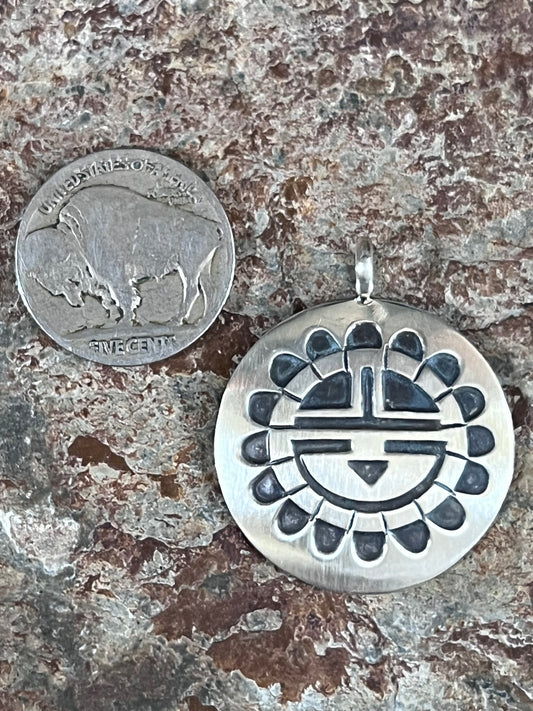 Native American Handmade Sterling Zuni Sunface Pendant 1 3/8”
