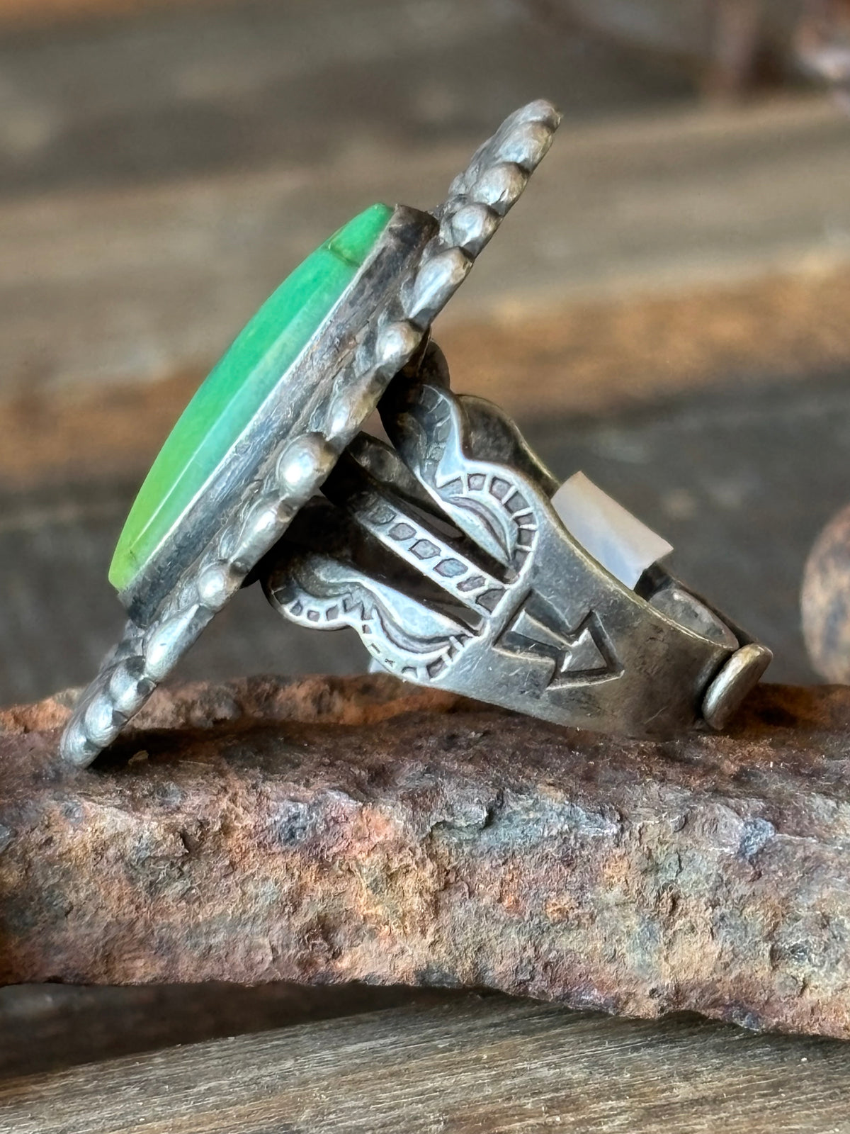 Vintage Fred Harvey Eara Sterling Silver & Royston Turquoise Ring Size 6-9 Adj.