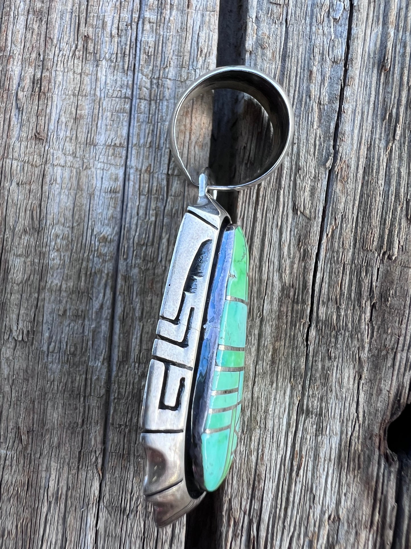 Native American Handmade by Ryan Sanchez- Sterling & Turquoise Inlaid Pendant 2.25”