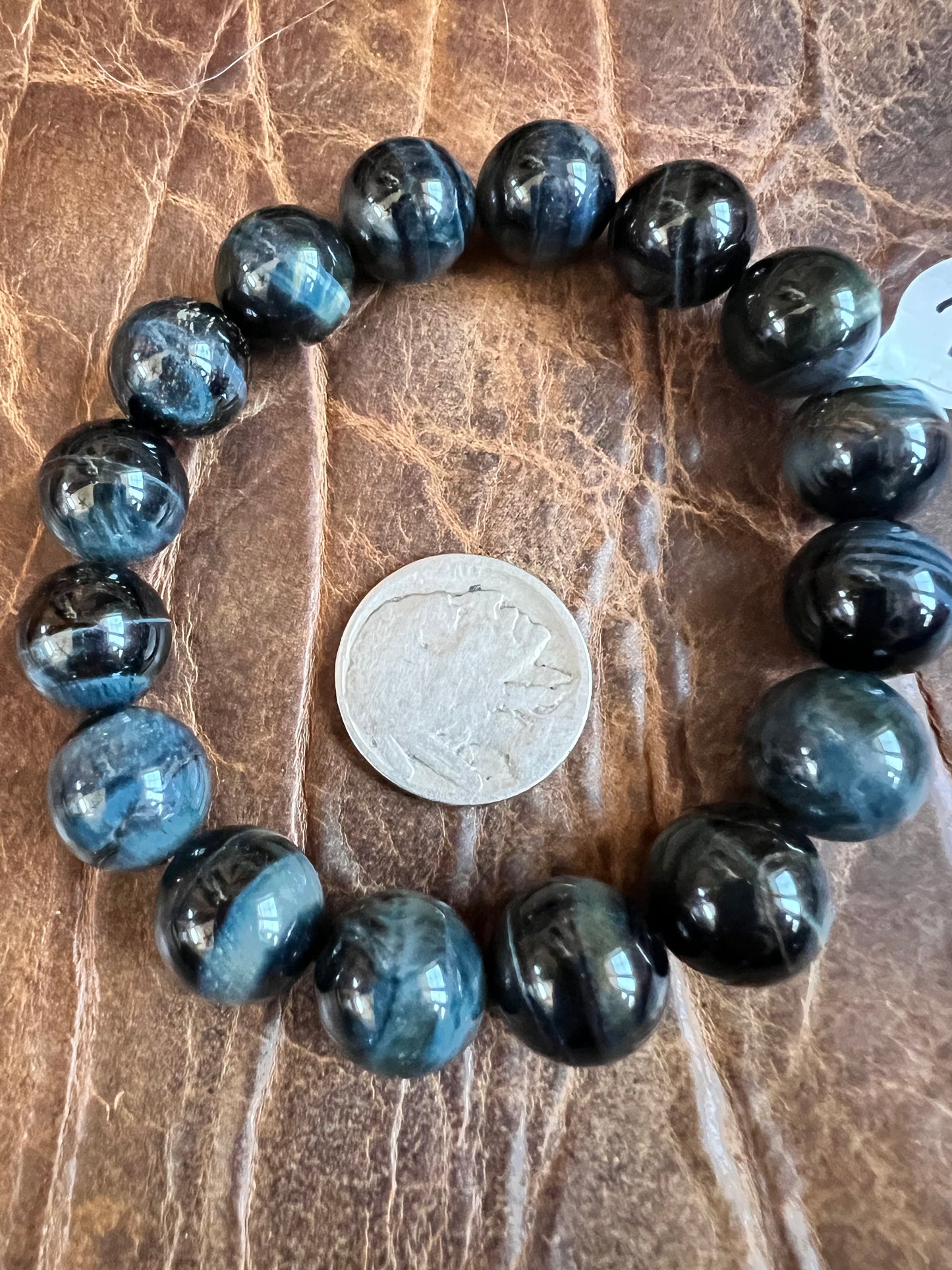 Blue Tiger Eye 12mm Round Bead Stretch Bracelet Sz 7”