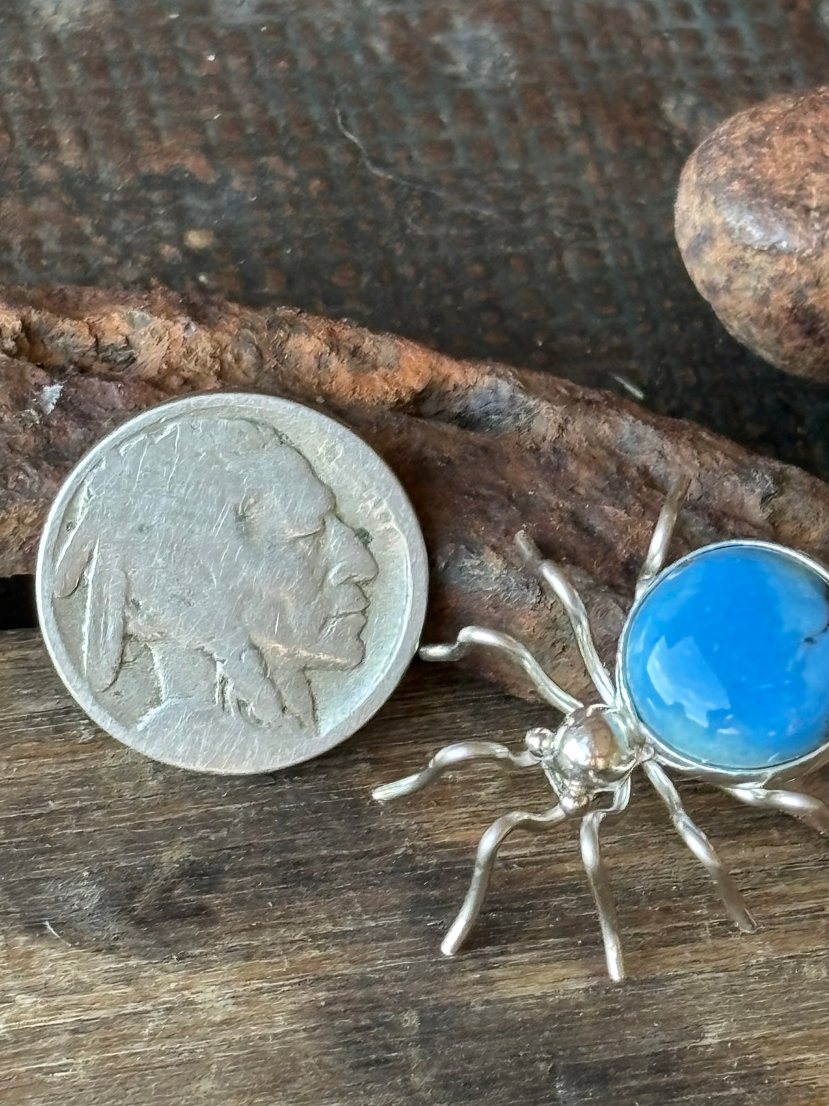 Native Handmade Golden Hills Turquoise & Sterling Silver Spider Pin/Brooch