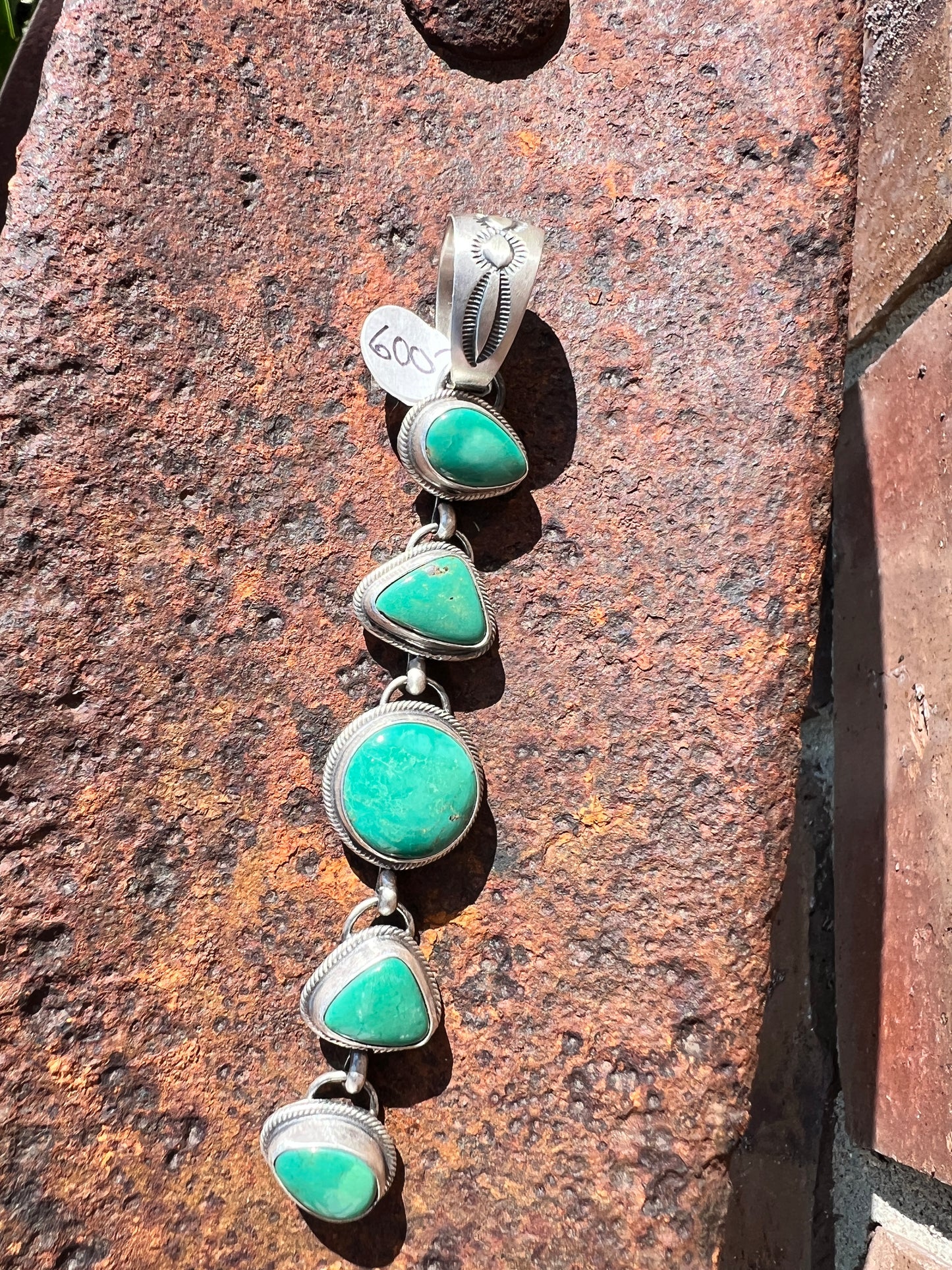 Fox Green Turquoise & Sterling Silver 5-stone Ladder Pendant.  Navajo Handmade by Calvin Pete