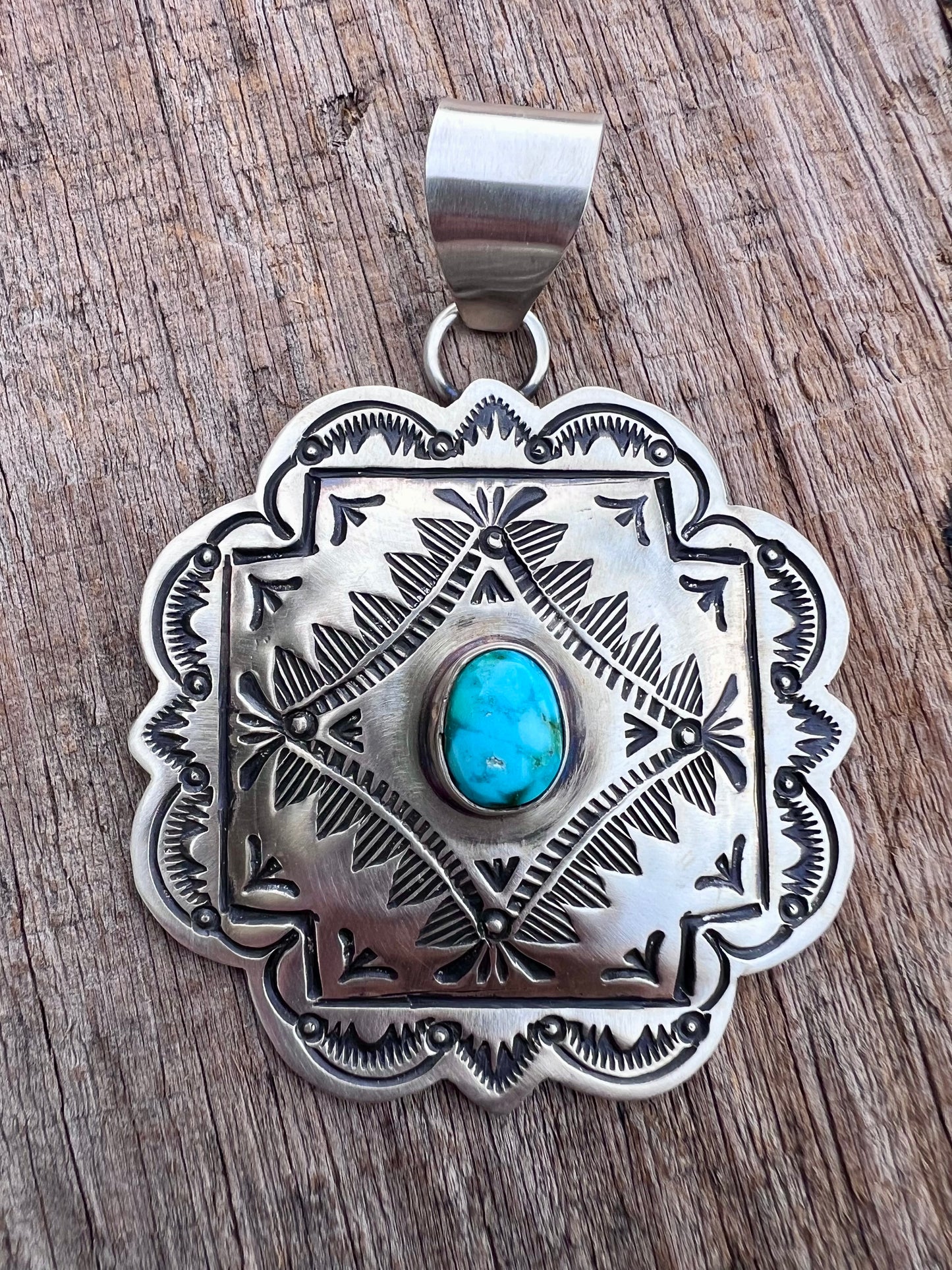 Native American Handmade by Arnold Blackgoat- Sterling & Webbed Kingman Turquoise Pendant 3” x 2.25”