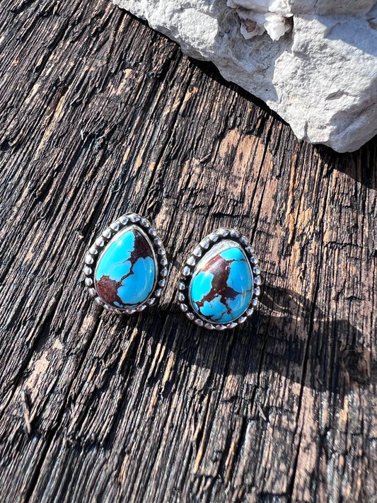 Native American Handmade Sterling & Prince Turquoise Post Earrings 5/8”