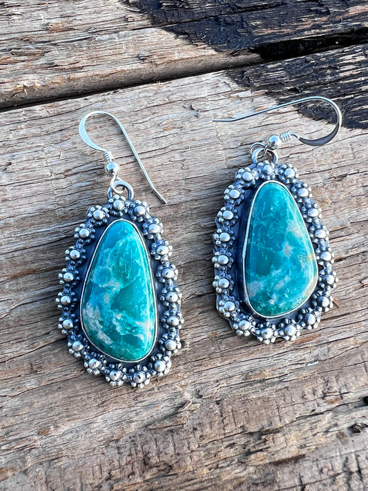 Native American Handmade by Miranda Willie. Sterling & Fox Turquoise Dangle Earrings 2” long