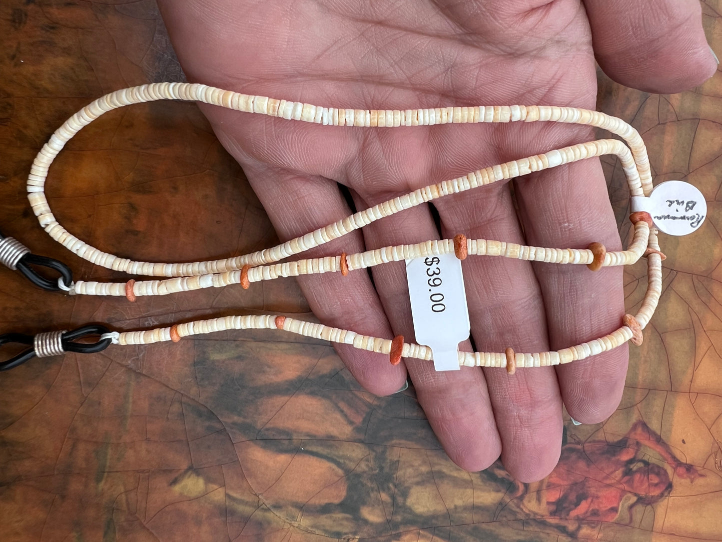 Native American Santo Domingo Handmade by Ramona Bird. Shell Heishi & Orange Spiney Eye-glass Holder 26”