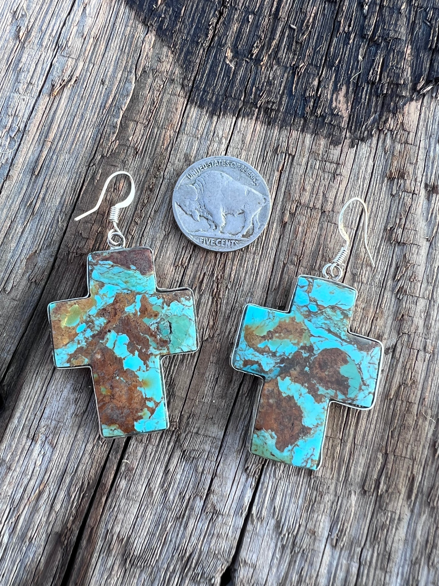 Native American Handmade Kingman Turquoise Cross and Sterling Silver Slab Earrings by Veronica Tortalita. 2” x 1“