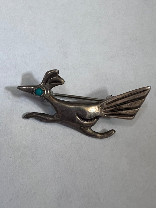 Vintage Native American Handmade Sterling & Turquoise Road Runner Pin 1.3” x .6”