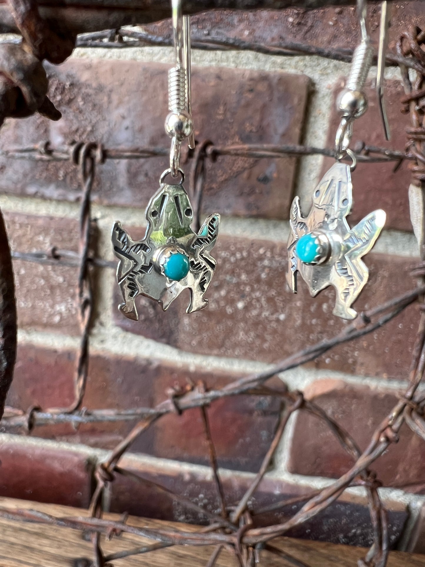 Dainty Handmade by Lucille Platero (Navajo) Sterling & Turquoise Frog Earrings 1.3” long