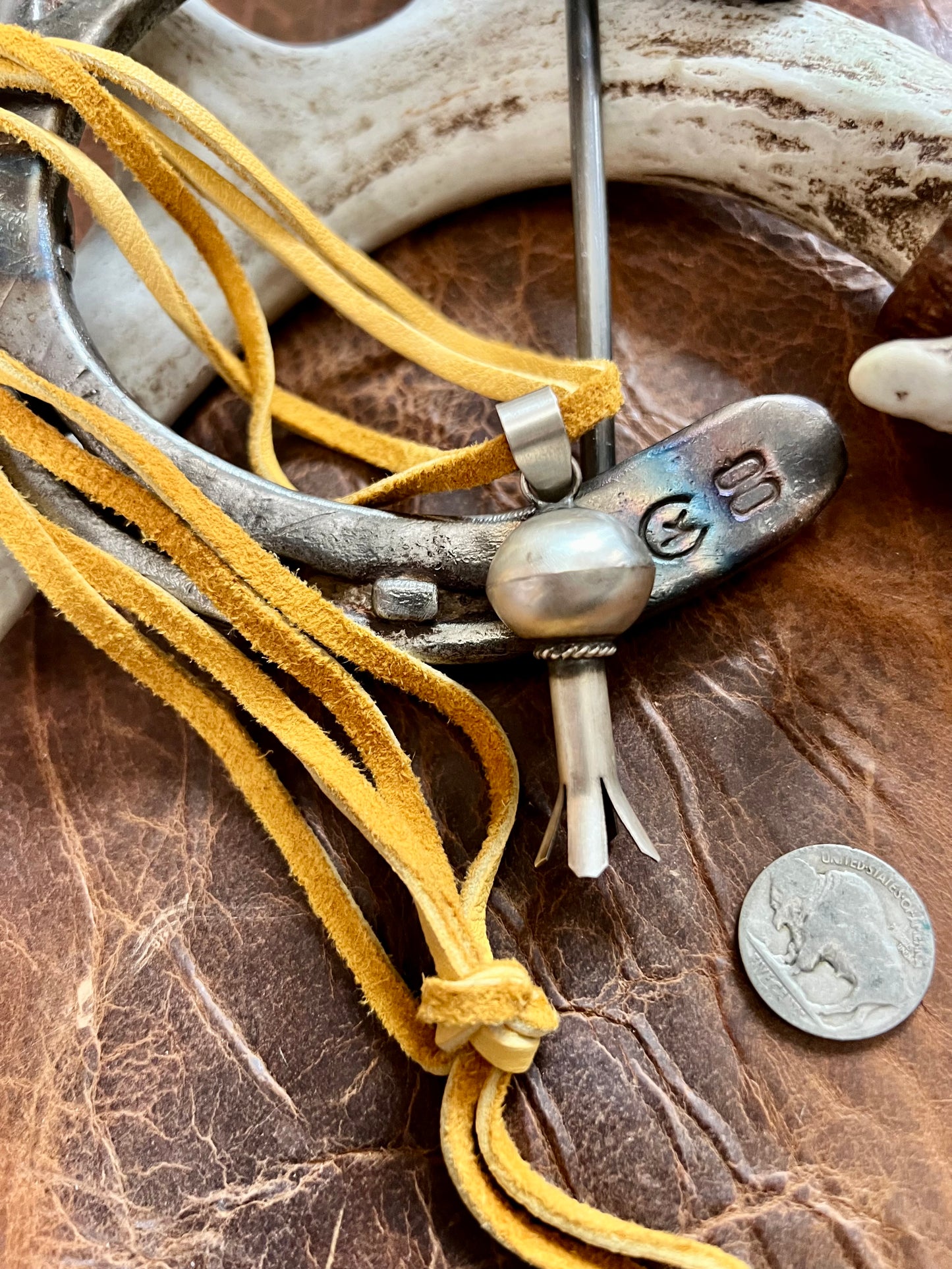 Navajo Handmade by Monica Smith, Sterling Silver Blossom Pendant on Deer Leather Lace Necklace 24”