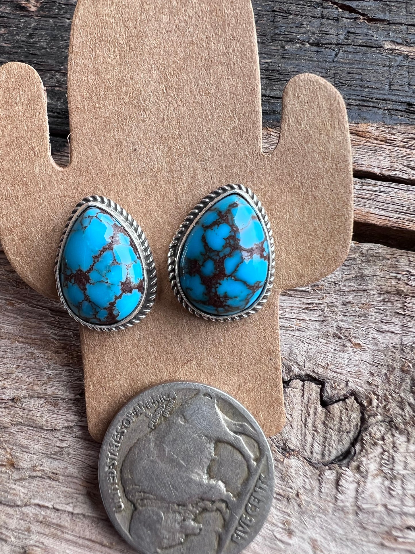 Navajo Handmade Sterling & Prince Turquoise Post Earrings 3/4”