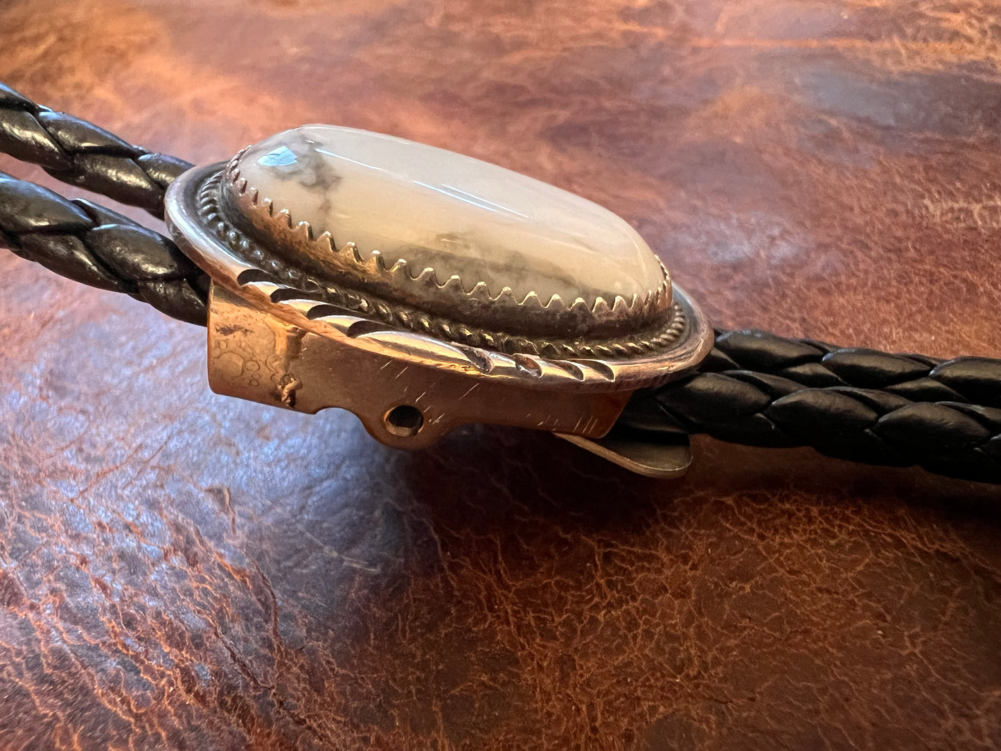 Handmade White Buffalo and Sterling with Black Braided Leather Bolo Necklace with Sterling Tips