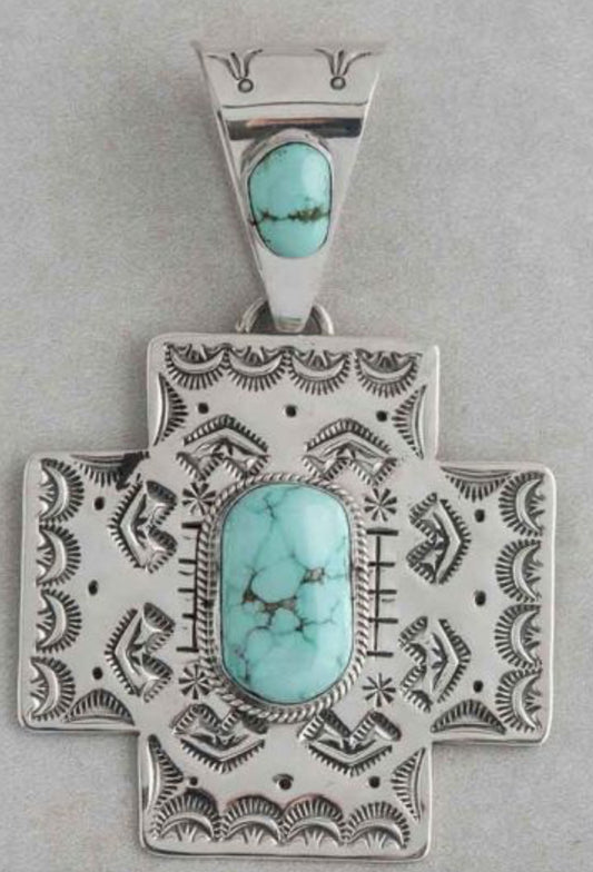 Native American Handmade by Eula Wylie. Lone Mountain Turquoise & Sterling Silver Cross Pendant