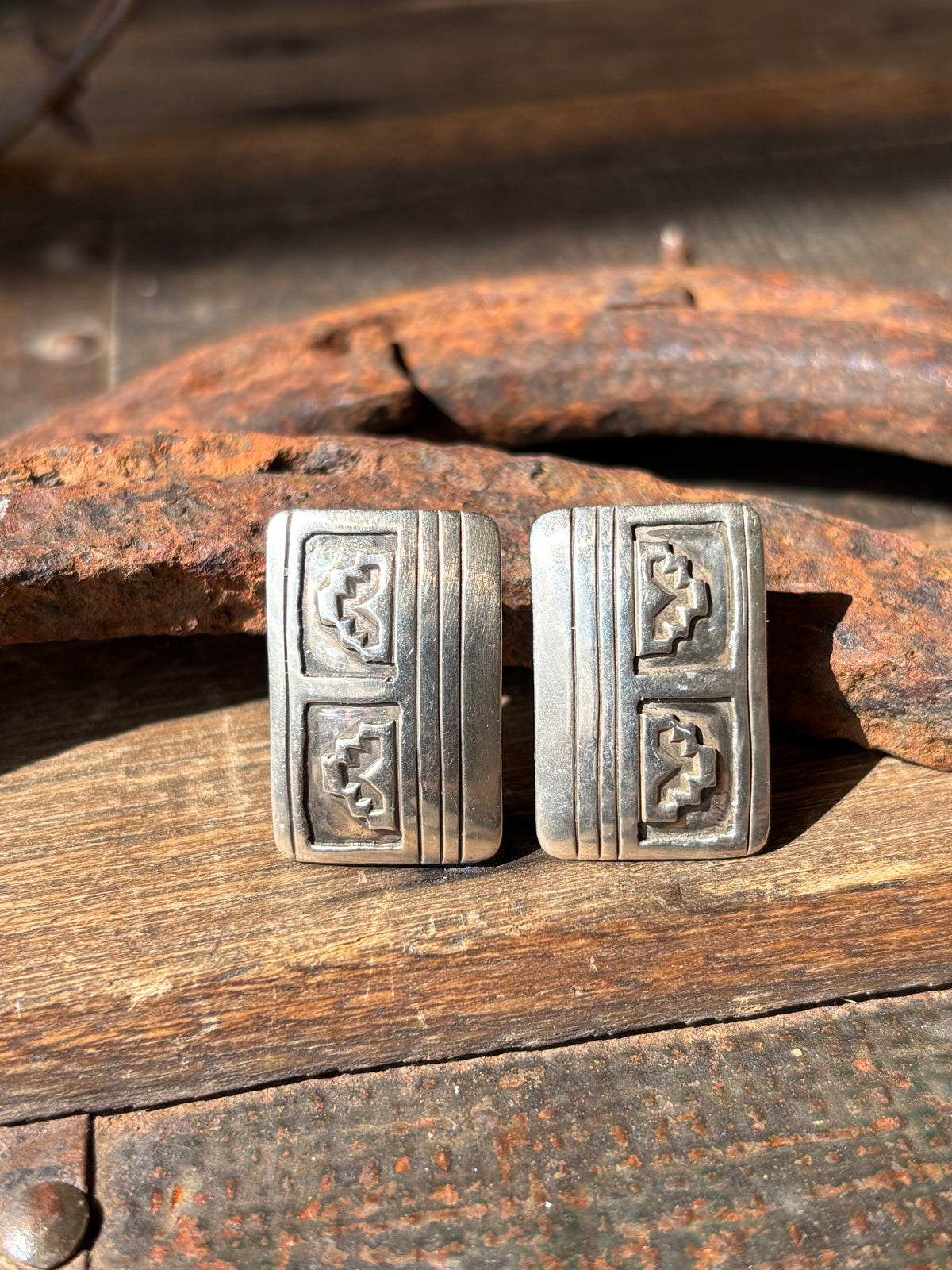 Vintage Native American by A. Holman. Sterling Silver Overlay Design Rectangle Post Earrings