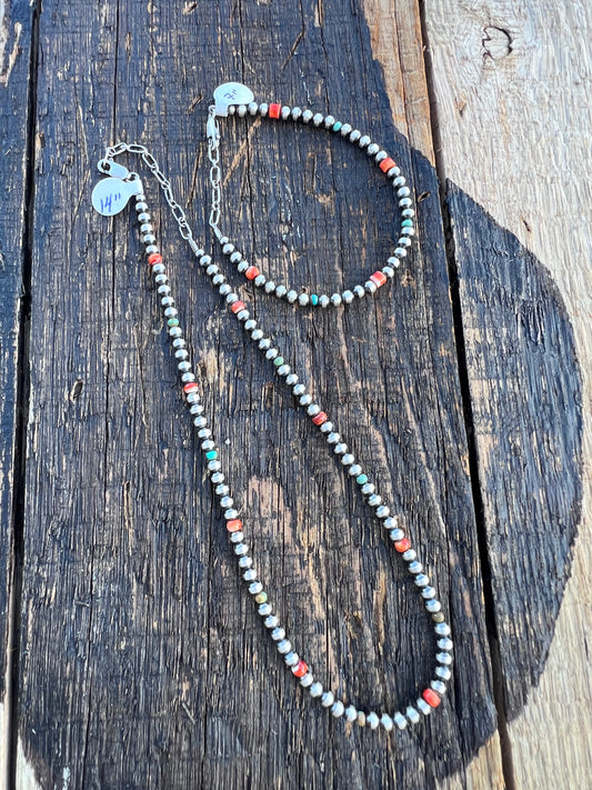 Sterling Silver, Orange Spiney & Turquoise 4mm Bead 14-16” Necklace & 7” Bracelet Set