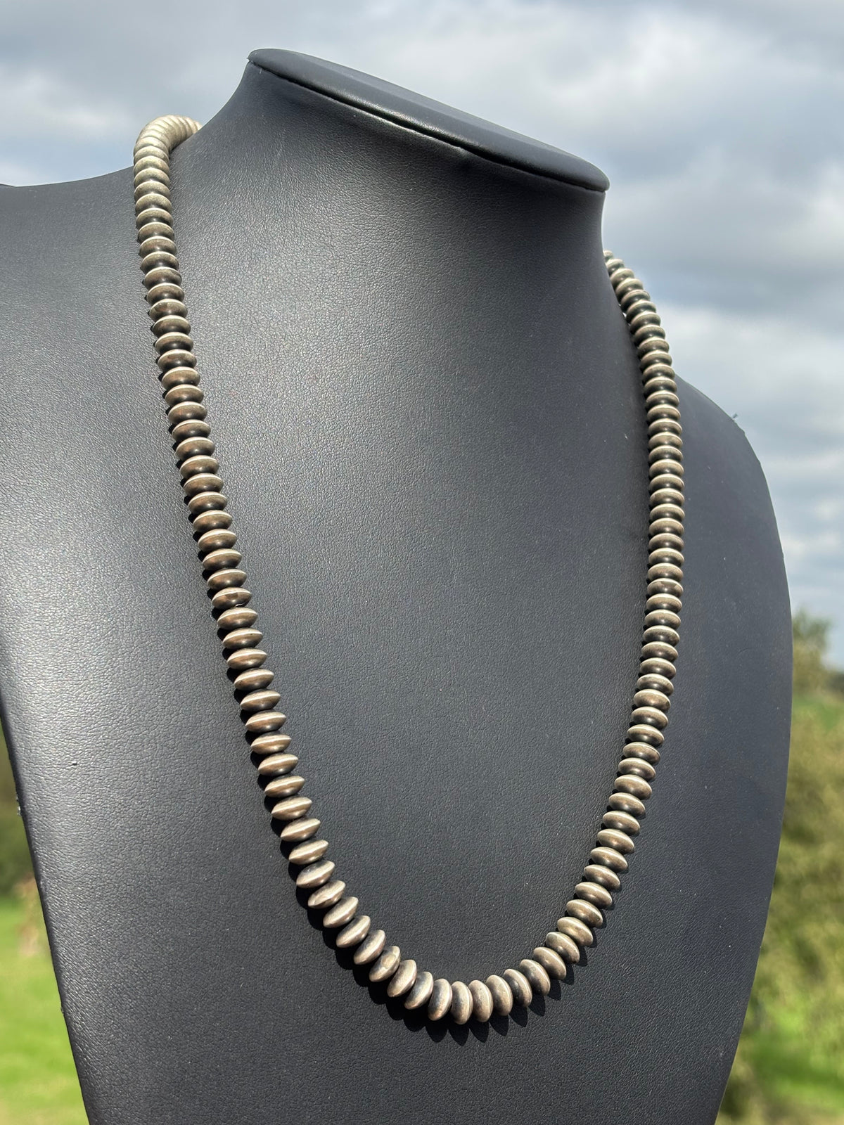 Navajo Pearls Handmade by Bryannen Halwood. Sterling Silver 8mm Saucer Bead Necklace 24”