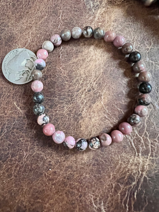 Rhodochrosite Bead 7mm Stretch Bracelet Sz 7”