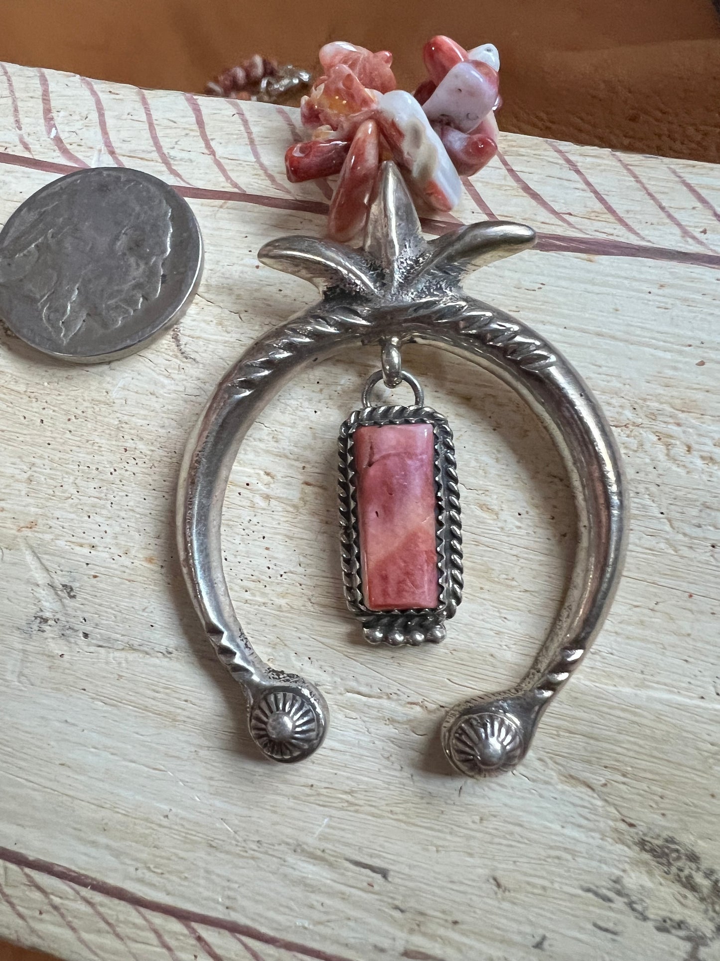 Vintage Navajo Handmade by Mary Cayatineto, Sunset Spiny Oyster & Cast Sterling Naja Pendant on a Spiny Chip Necklace 18”