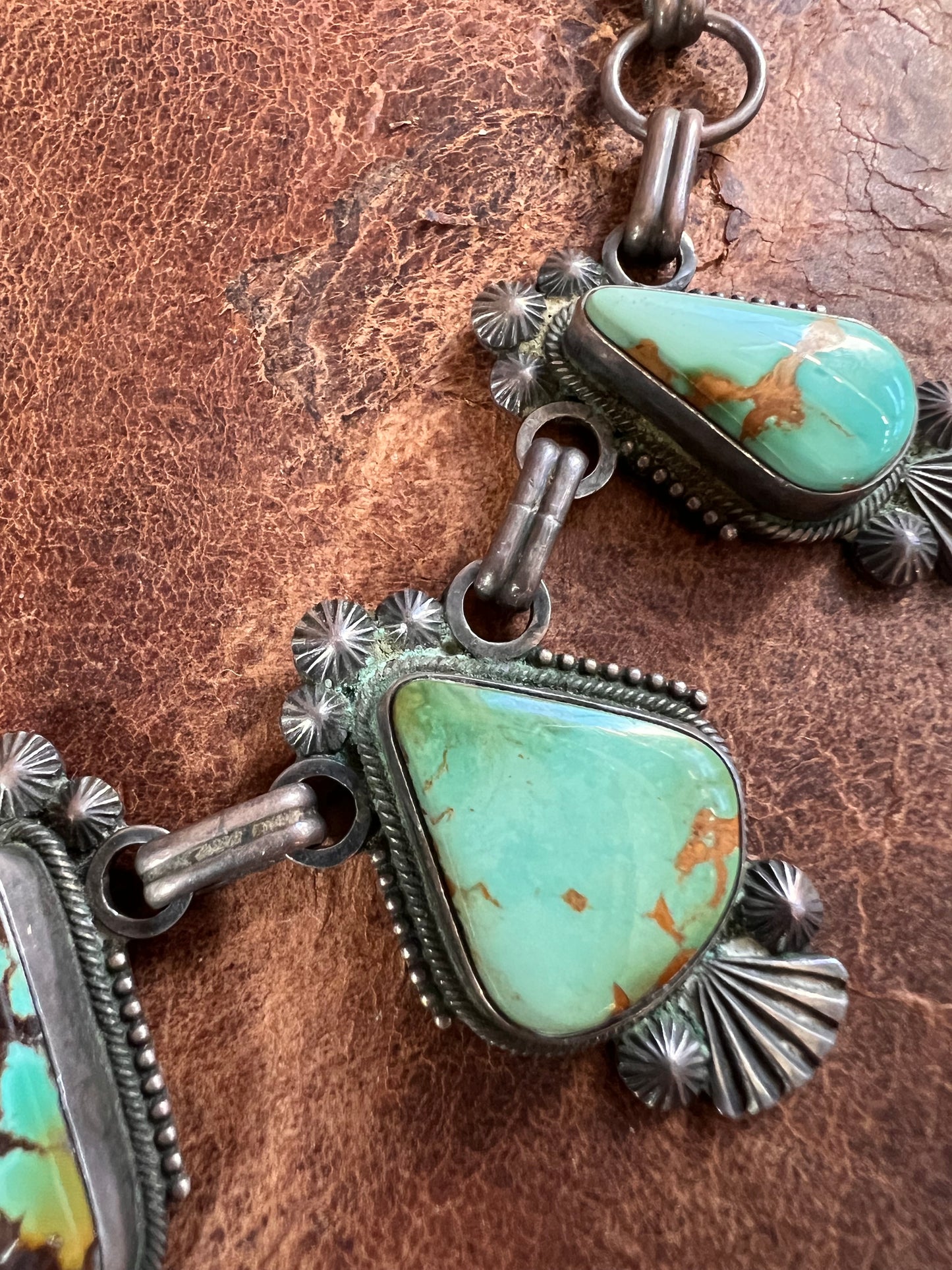 Vintage Handmade Royston 5-stone Turquoise Paperclip Chain Necklace by Navajo Silversmith, Stanley Parker. 17.5” Length