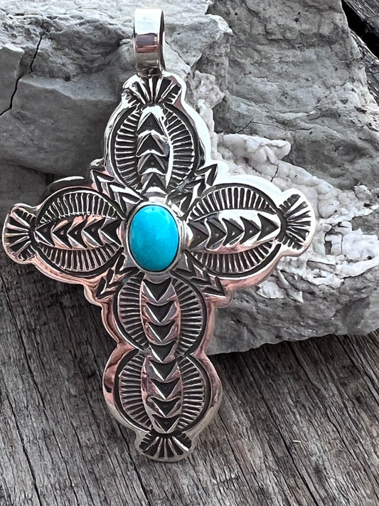 Native American Handmade by Arnold Blackgoat- Sterling & Turquoise Cross Pendant 2.25” x 1.5”