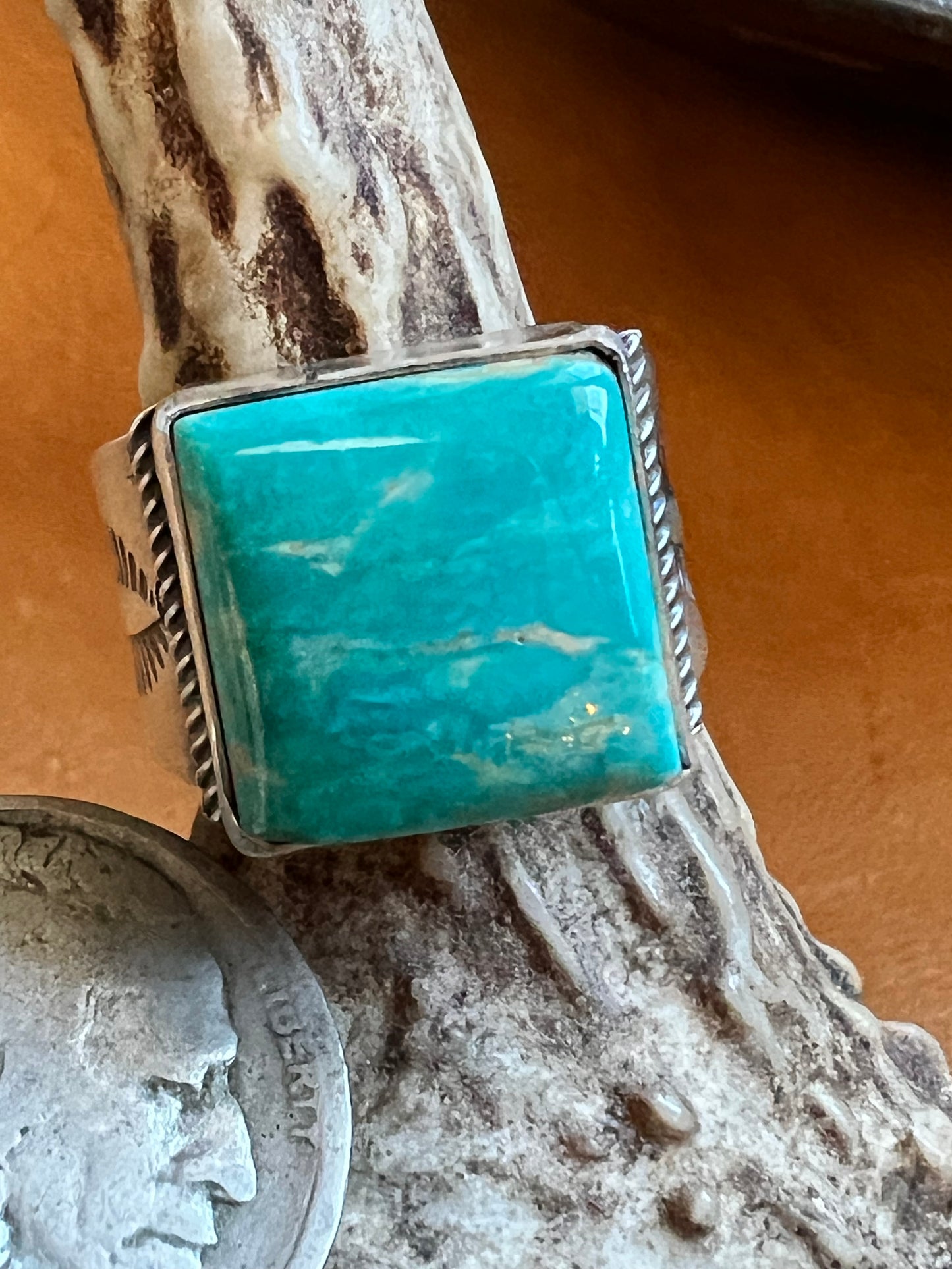 Handmade By Ray Bennett. Sterling & Royston Turquoise Square-stone Ring Sz 8