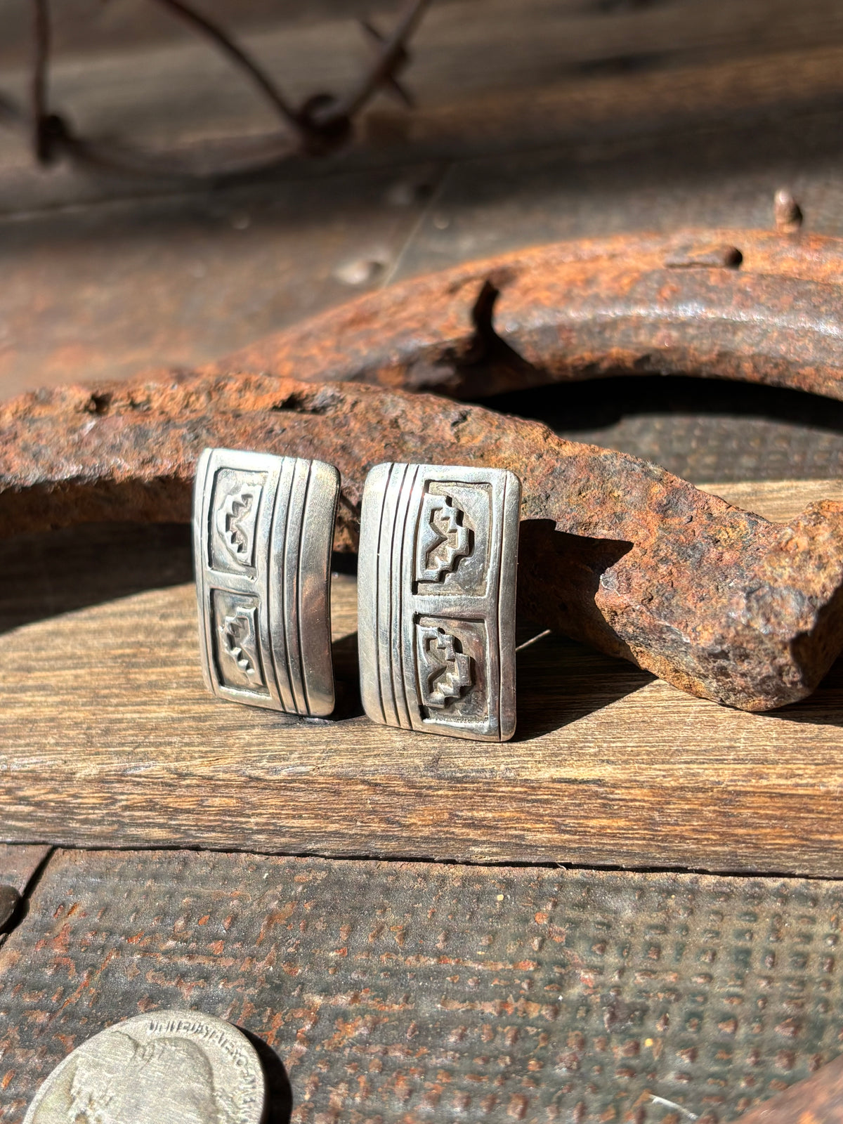 Vintage Native American by A. Holman. Sterling Silver Overlay Design Rectangle Post Earrings