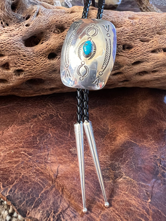 Navajo Handmade Rectangle Sterling Concho with Kingman Turquoise Bolo Necklace by Joann Begay