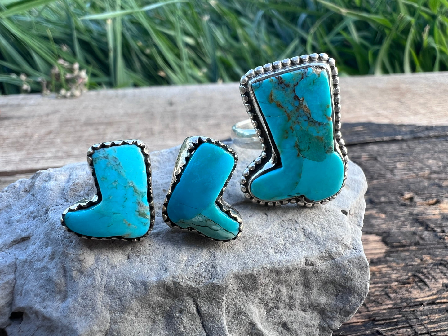 Southwest Sterling & Turquoise Cowboy Boot Post Earrings 1/2” & Ring 1” Sz 7 SET