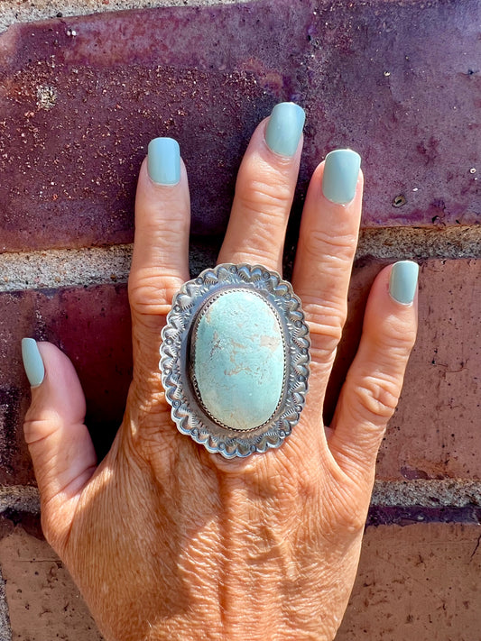 Navajo/Sioux Handmade by Tawney Willie. Large Sterling & Dry Creek Ring Sz Adjustable