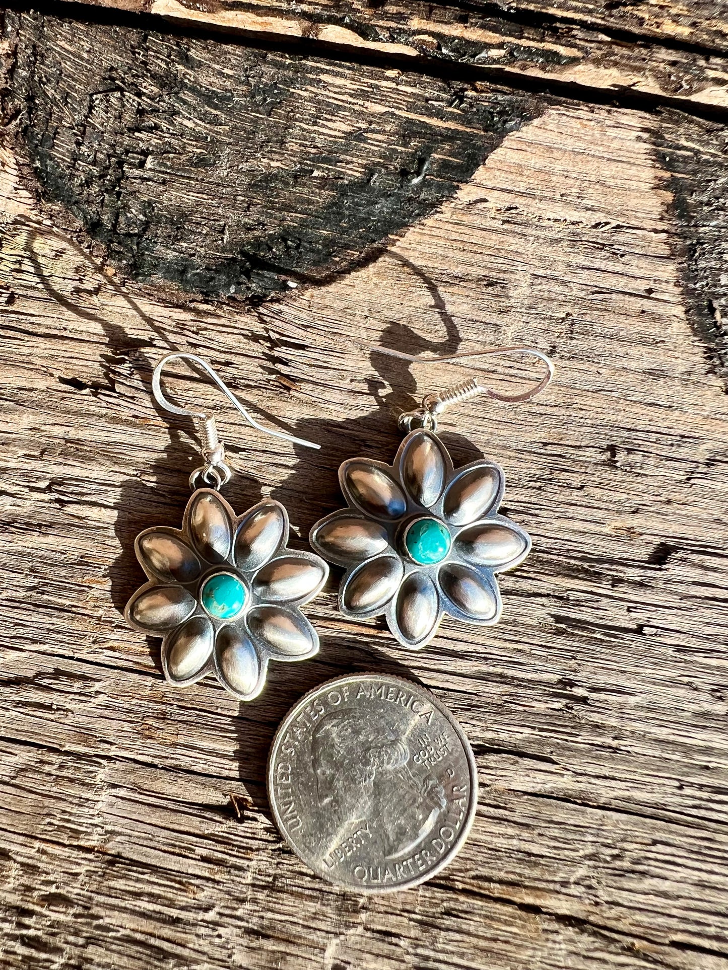 Handmade by Robert Johnson Sterling & Sleeping Beauty Turquoise Repousse’ Daisy Dangle Earrings