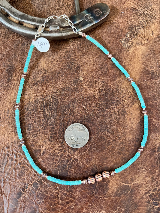 Copper & Campitos Turquoise 3-6mm Bead Necklace 14-16”