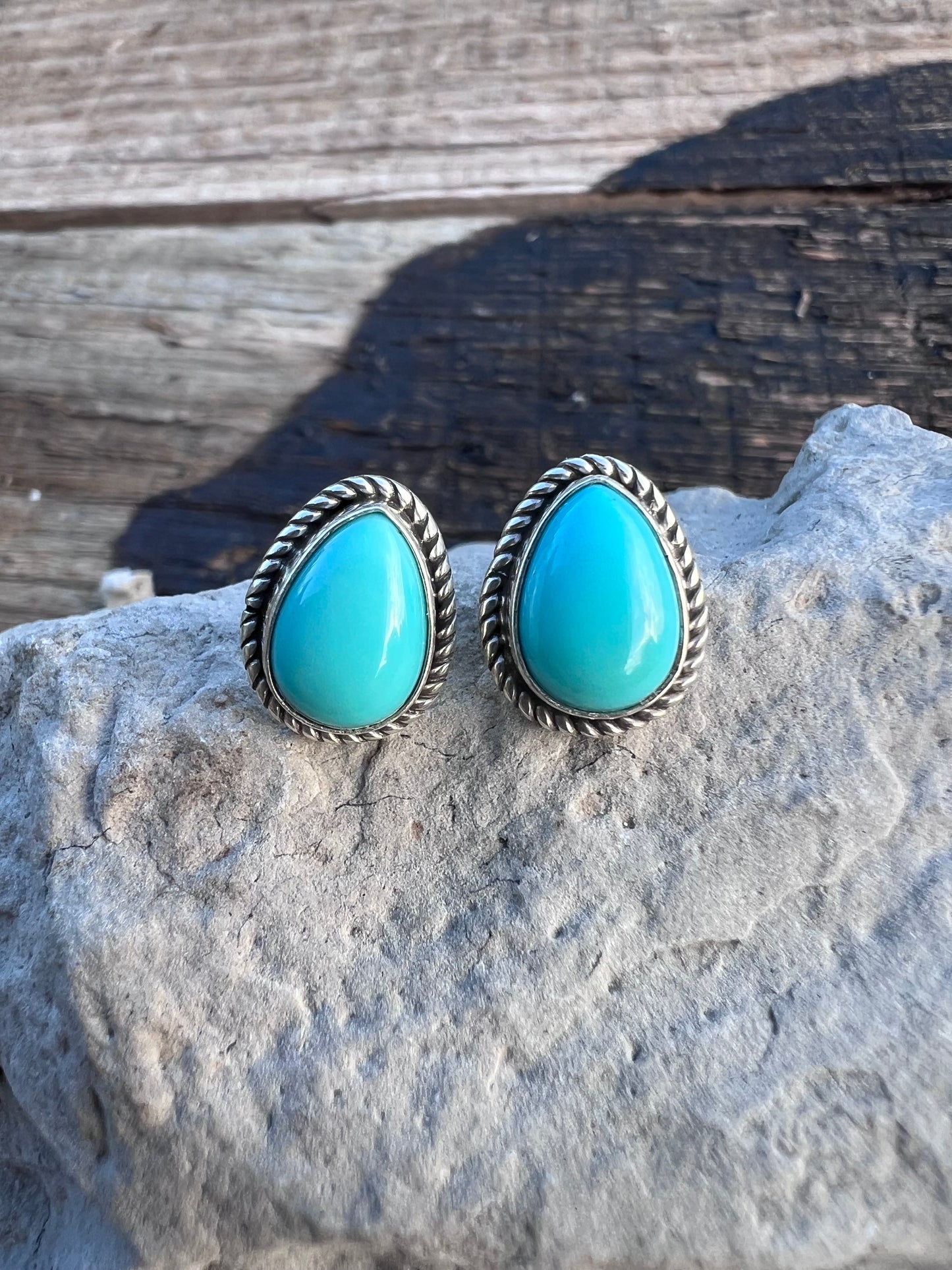 Navajo Handmade Sterling & Tyrone Turquoise Post Earrings 1/2”