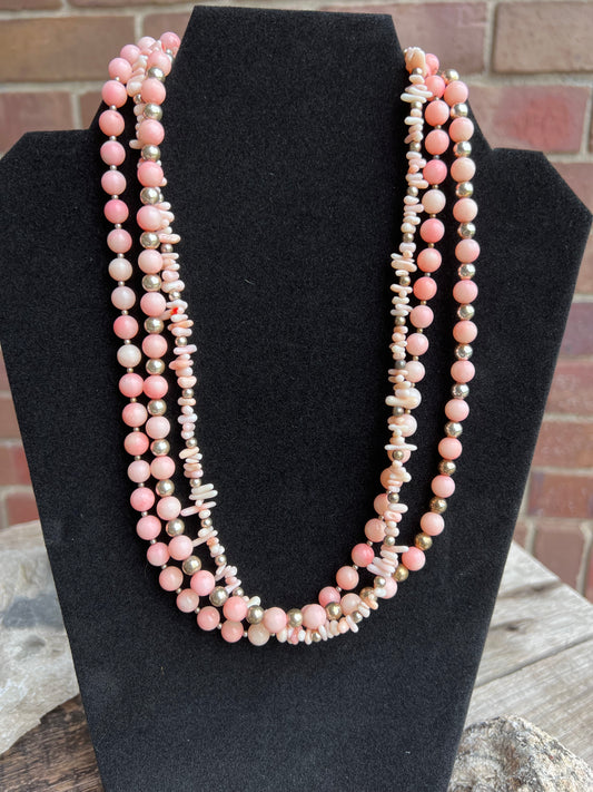 Vintage Angel Skin Coral & Sterling Silver Bead 3-strand Necklace