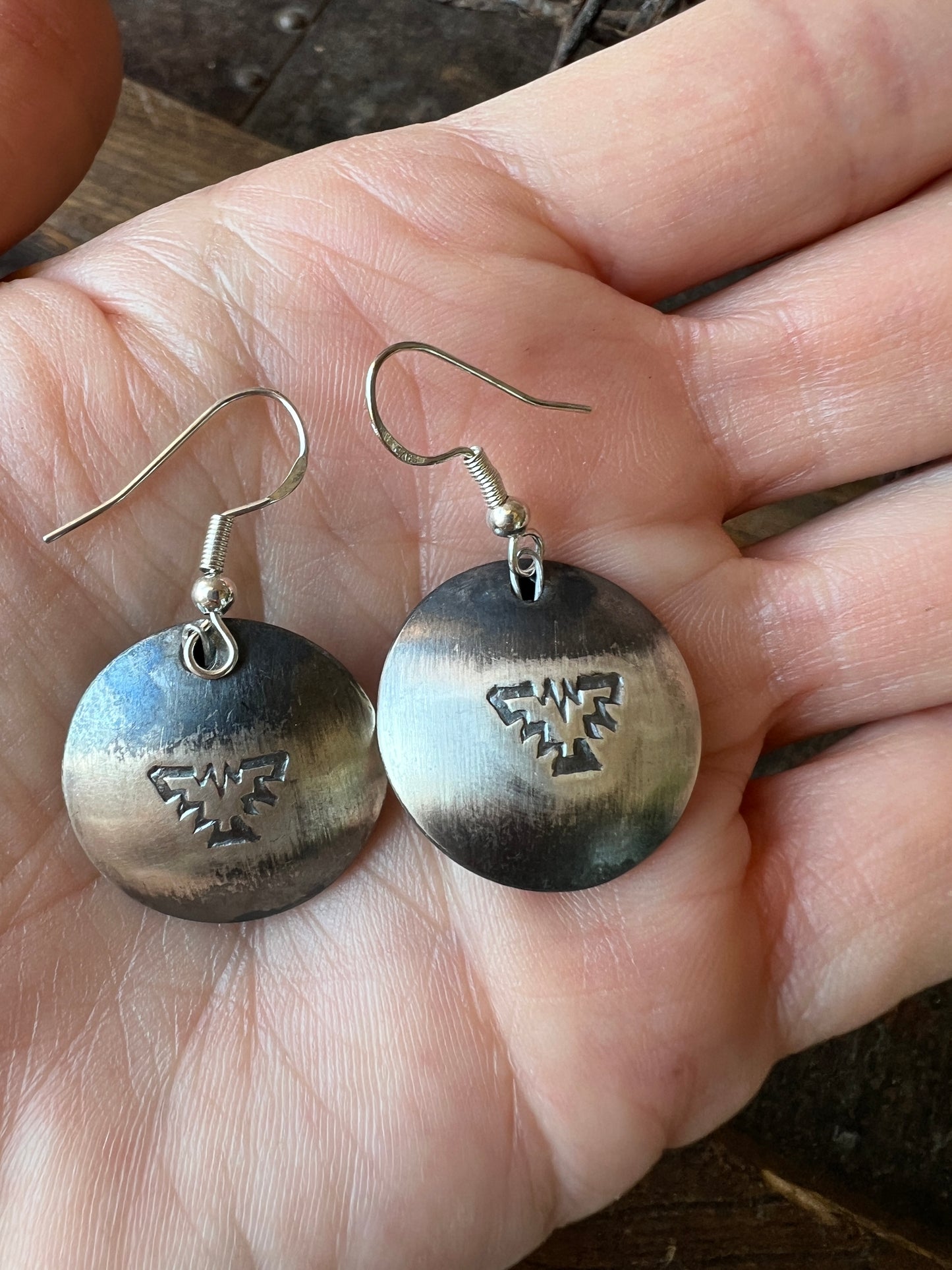 Navajo Handmade by Marietta Kellywood. Sterling Silver Pillow Pearl Thunderbird Stamped Earrings 1.5”